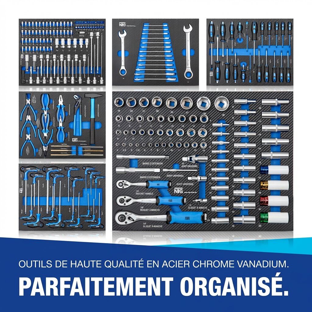 NTG Chariot à outils + outils + 7 tiroirs, 252 pièces, verrouillable, dont 6 avec outils, avec inserts souples en aspect carbone, tiroirs remplis, servante d'atelier, boîte à outils