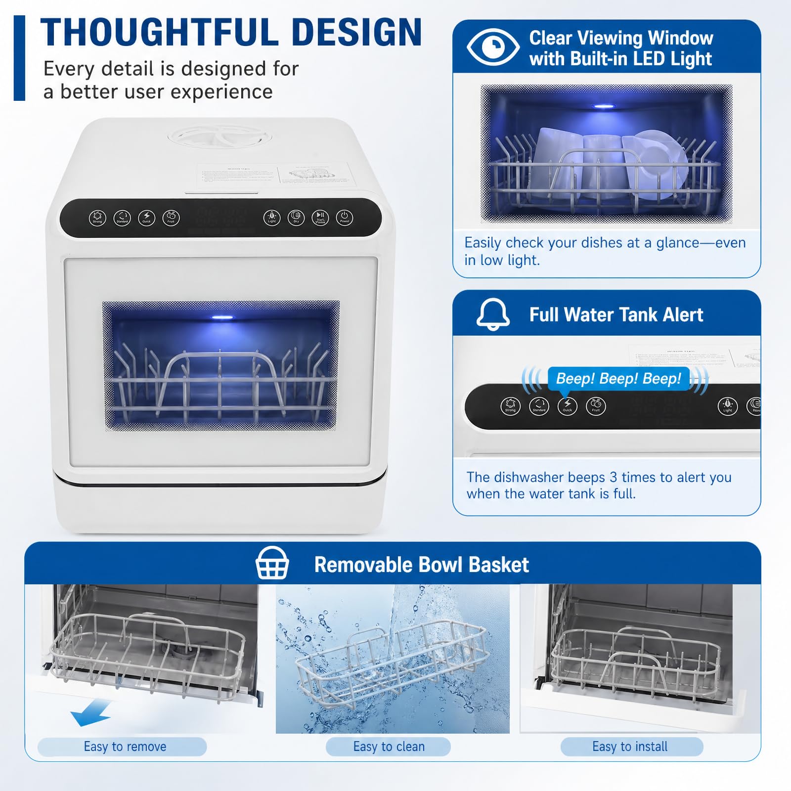 Mini Geschirrspüler 1100 W, 6L Tragbarer Kompaktgeschirrspüler ohne Wasseranschluss, Mini Tischspülmaschine mit 4 Programme & Push-Pull-Halterungen, Spülmaschine für 4-6 Personen