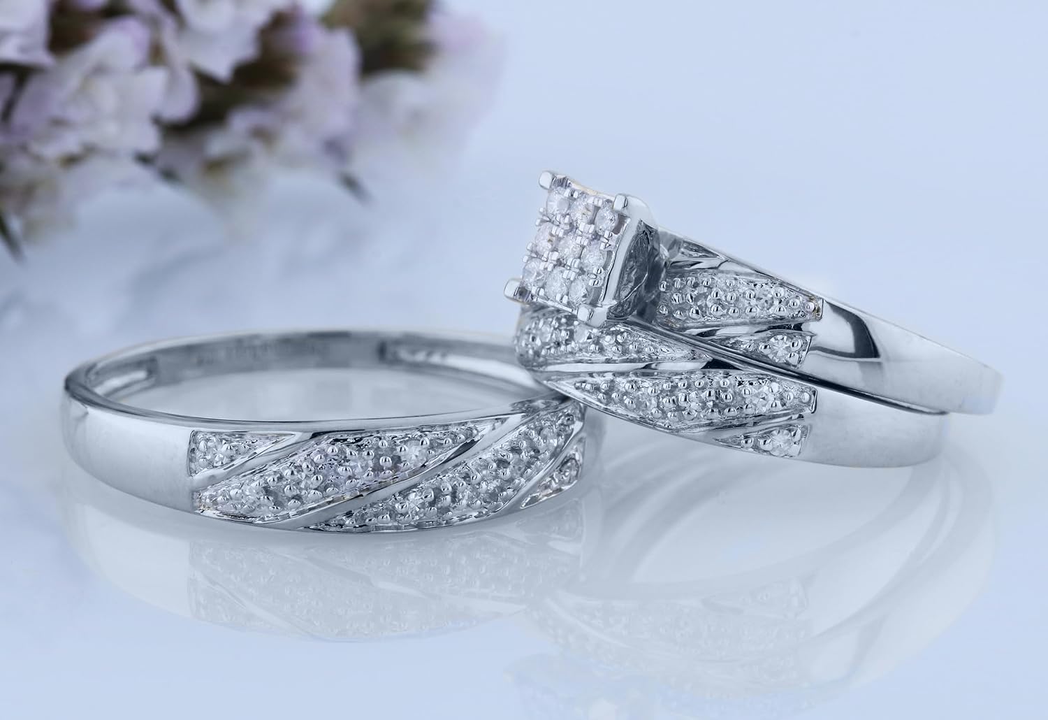 Dazzlingrock Collection 0.30 Carat (ctw) Round White Diamond Cluster Men's and Women's Engagement Ring Trio Set, 10K White Gold