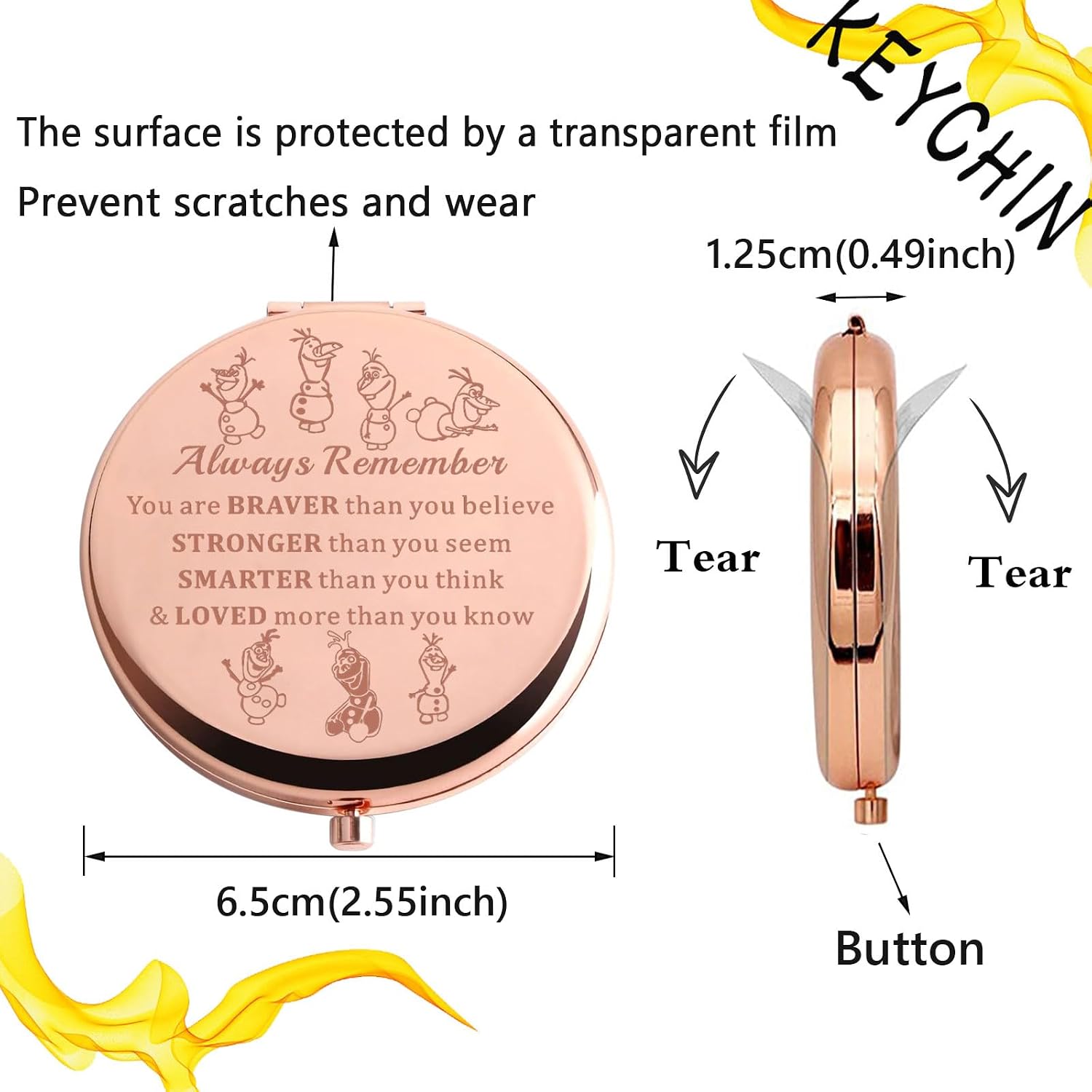 KEYCHIN Snowman Olaf Pocket Mirror Olaf Fans Gifts You are Braver Stronger Smarter Than You Think Olaf Compact Makeup Mirror Snowman Olaf Merandise (Olaf Always-RG)