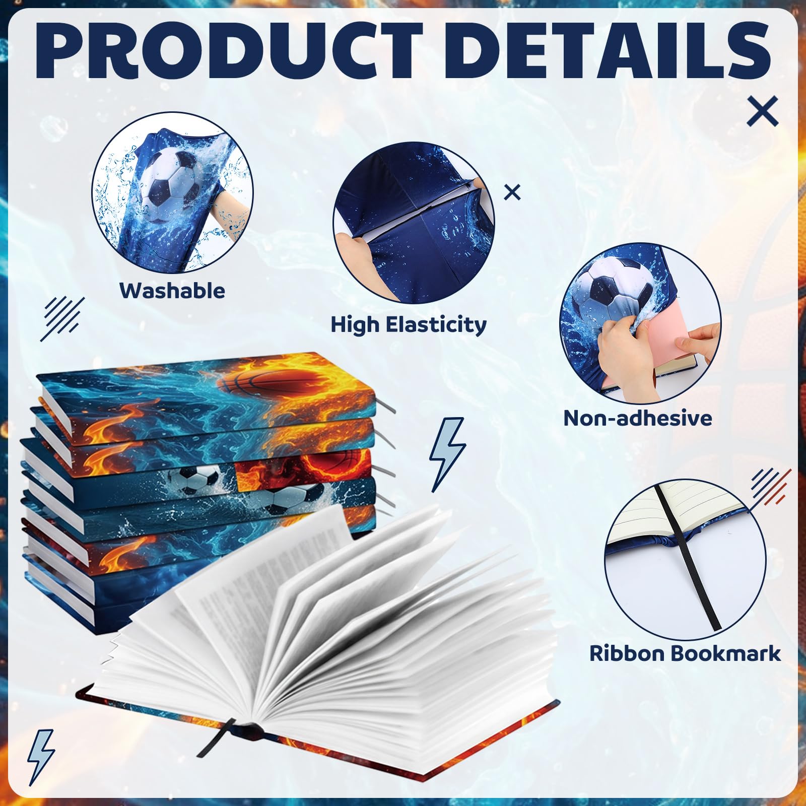 Tinlade Lot de 6 couvertures de livres extensibles sur le thème du sport jusqu'à 22,9 x 27,9 cm - En tissu polyester - Lavables - Pour journaux, romans, cahiers, livres, cadeaux pour les amateurs