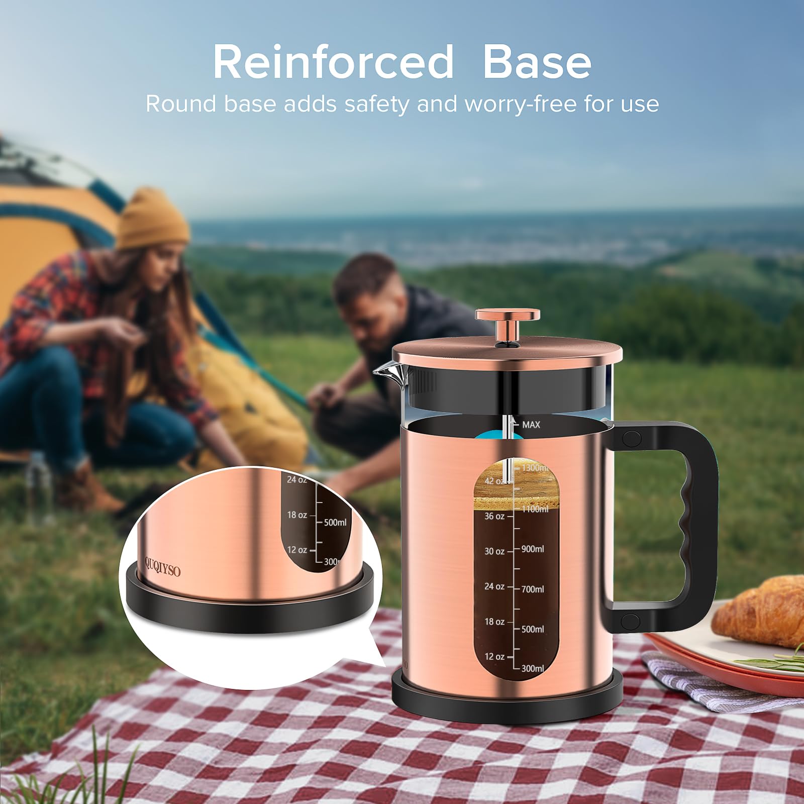 QUQIYSO Cafetera de prensa francesa de acero inoxidable 304 de 50 onzas, prensa francesa con 4 filtros, prensa de café de vidrio de borosilicato, cobre