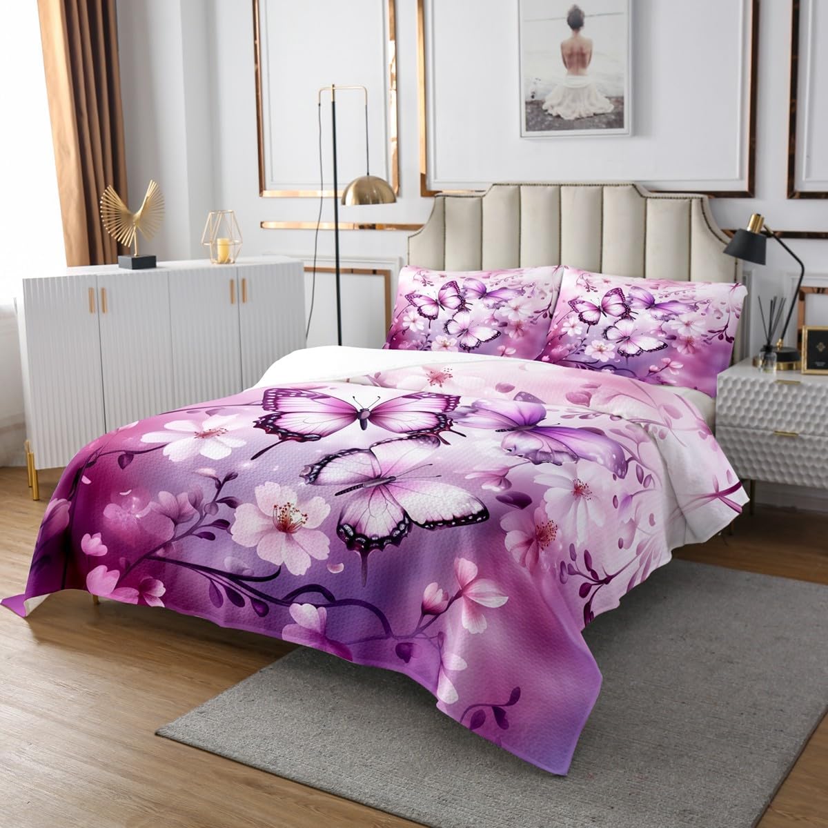 Homewish Butterfly Bedspread Twin Size,Pink Cherry Blossom Bedding Set 2Pcs for Kids Girls Boys Teens Room Decor,Nature Plants Animals Comforter Set Romantic Sweet Style Quilt Coverlet,1 Pillowcase