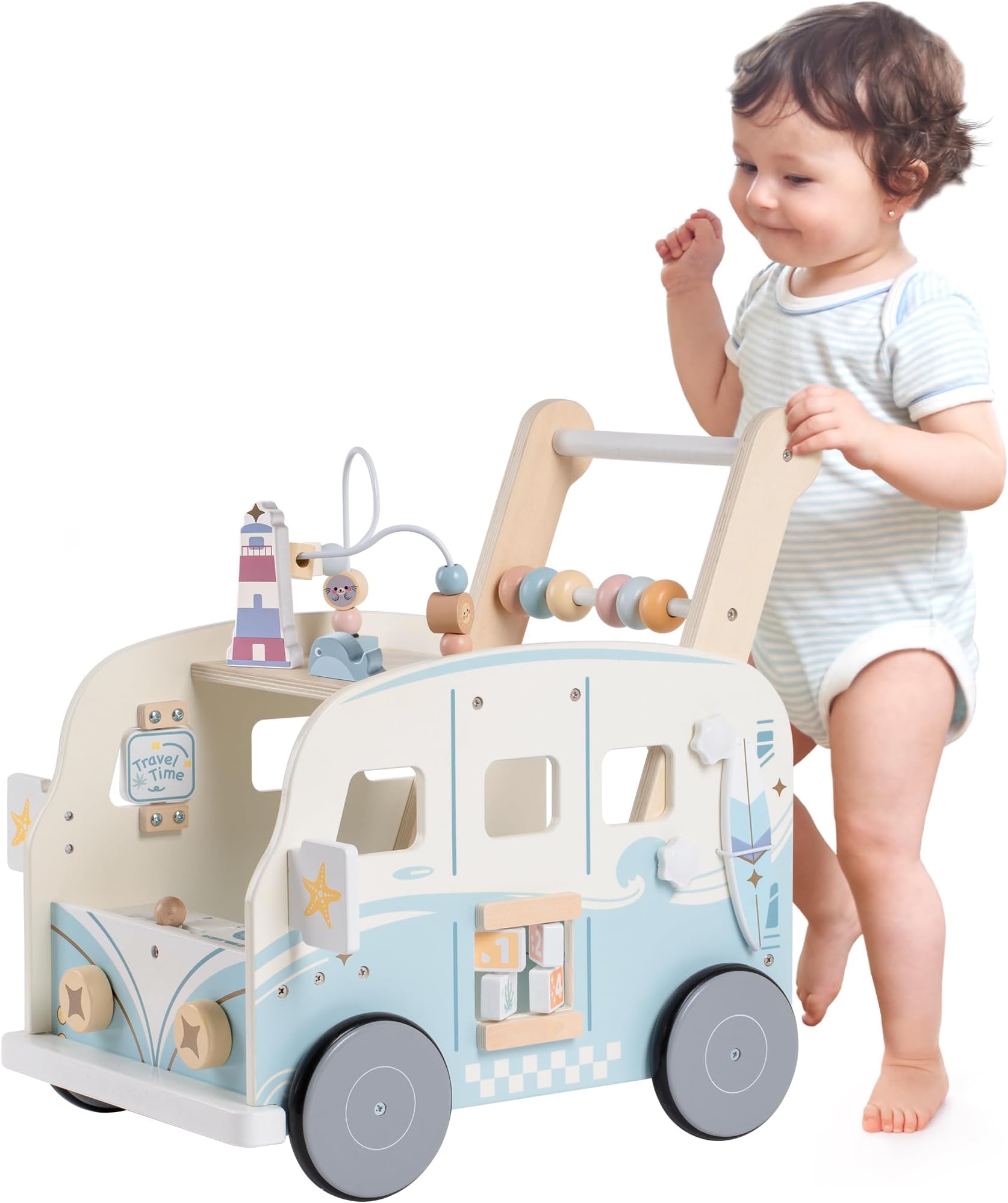 Wooden Baby Walker, Baby Push Along Toys with Wheels, Multifunctional Play Equipment with Height Adjustment & Speed Control, Kids Activity Walkers, Gift for Toddler Age 10-36 Months