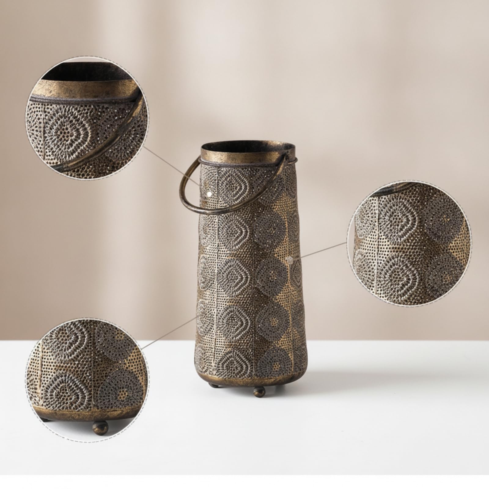 Portavelas Decorativo Linterna Metálica Farol Cilíndrico Portavelas de Hierro con Patrón Troquelado Base Estrecha con Patas Adecuado para Sala