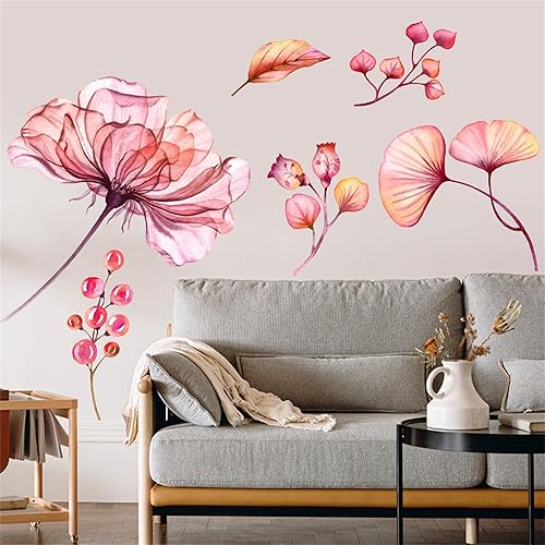 Calcomanías de pared grandes de flores rosadas, decoración de baño, acuarela, calcomanías de pared florales extraíbles e impermeables, murales de