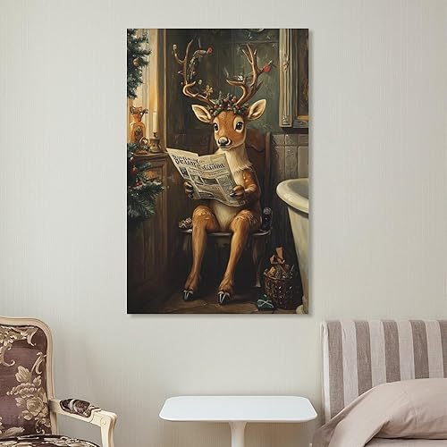 Miniatura 7 de Arte De Pared En Lienzo Vintage De Reno Navideño, Impresiones De Imágenes De Renos, Alces Sentados En El Inodoro, Pintura De Invierno, Póster Para