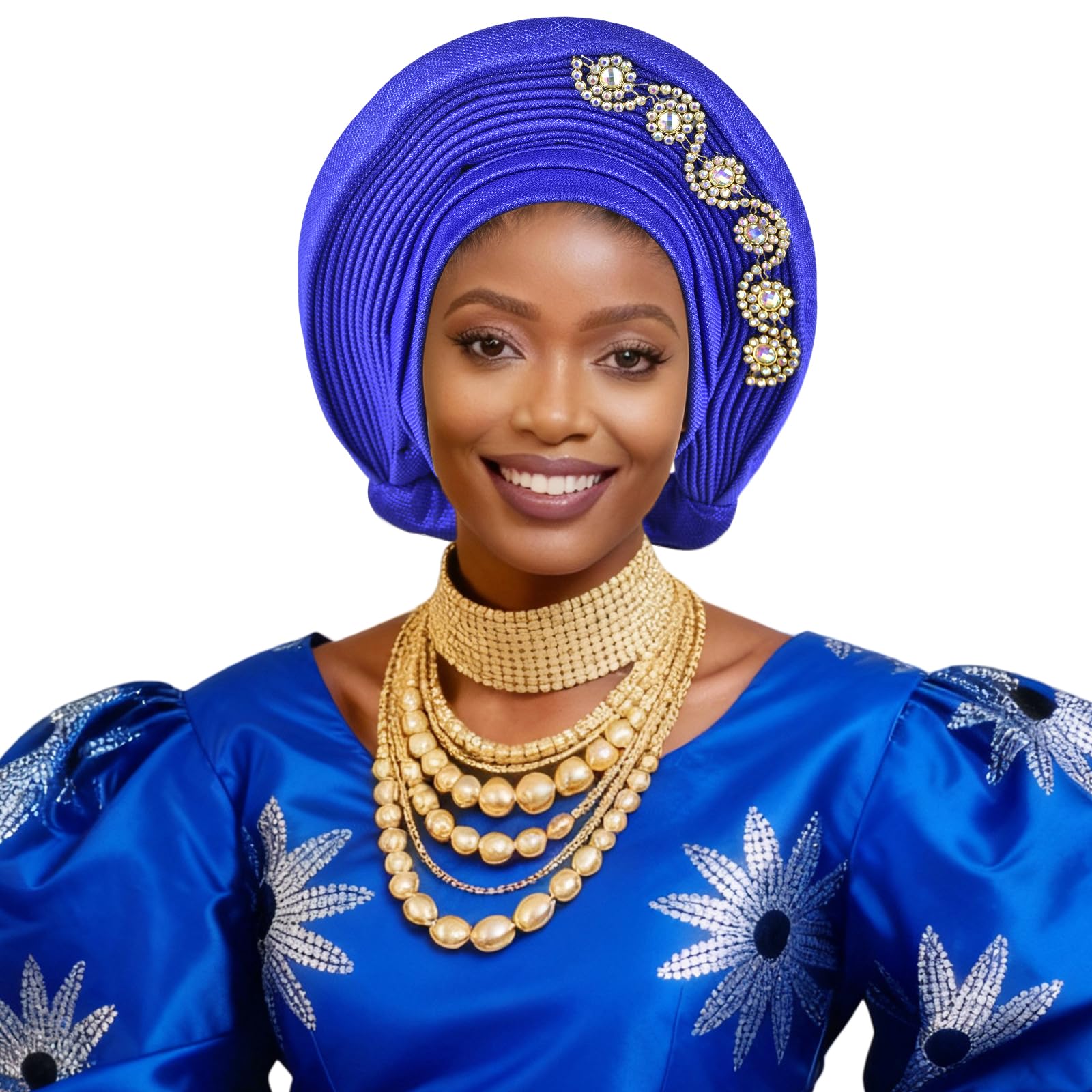 ASO OKE Nigerian headband African Turbans Hats Headties Stylish African Head Wraps and Auto Gele Head Ties (Blue, One size)