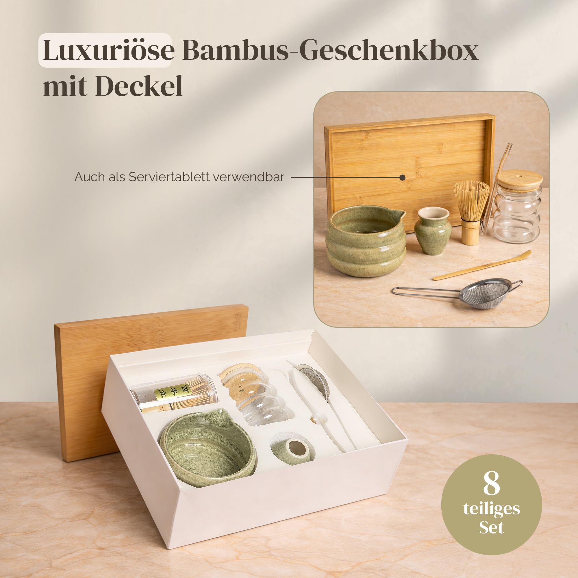 Matcha Set 8-teilig, Matcha Tee Set mit Matcha Schale mit Ausguss, Bambusbesen (Chasen), To Go Glas mit Deckel & Glasstrohhalm, Bambus Tablett – Luxus Geschenkset
