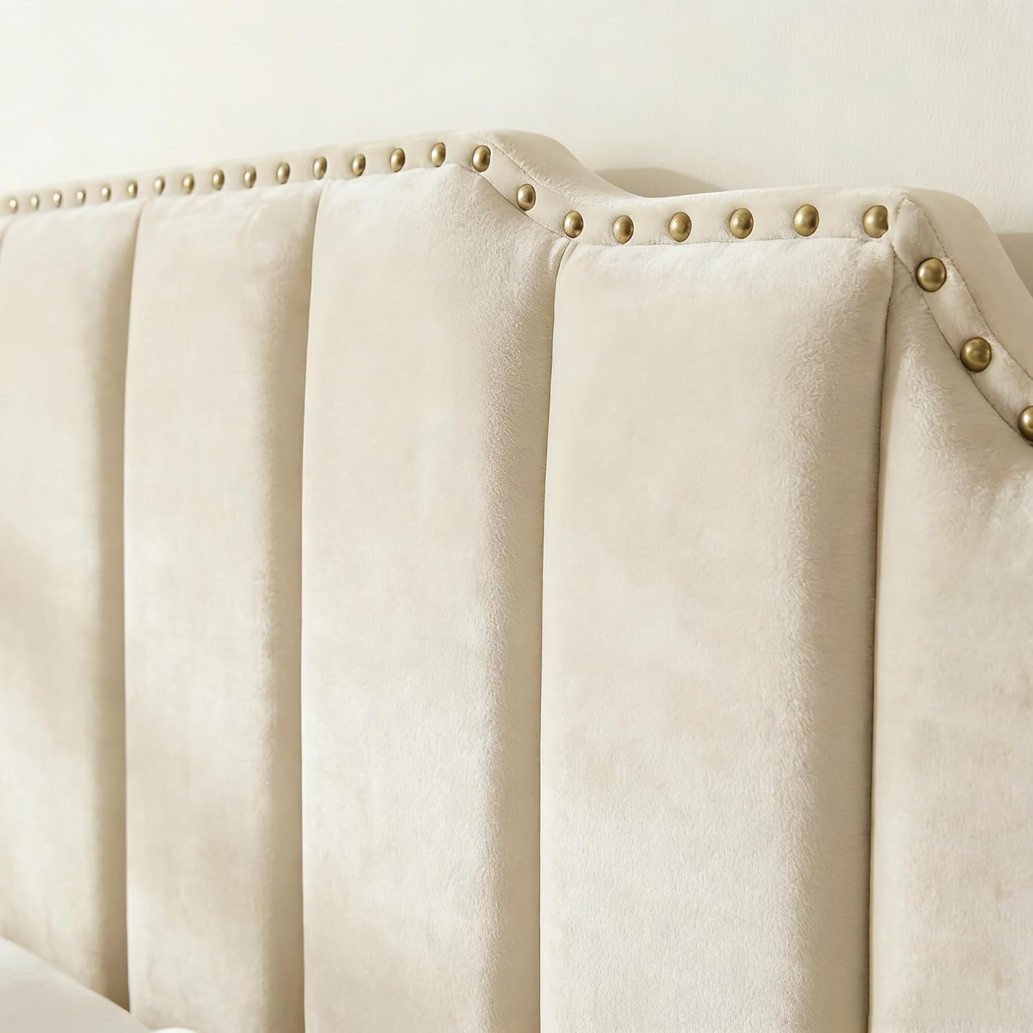 Queen Bed Frame Cream White Velvet, 48.8" Tall Arched Headboard and Footboard Set, Luxury Platform Bed with Gold Nailhead Trim, 6.3" Clearance for Robot, Vertical Tufted, Ivory