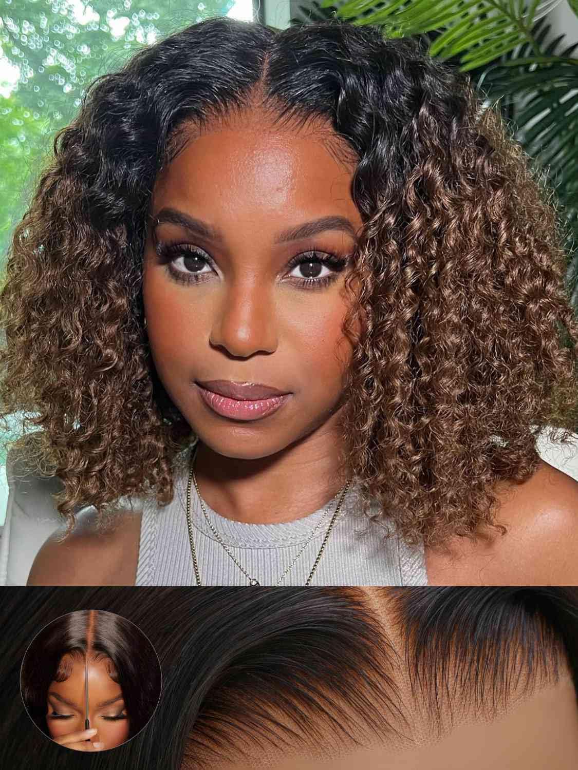 Beauty Forever Bye Bye Knots Short Curly Bob Wig Human Hair Glueless Wigs Black to Chestnut Brown Pre Plucked Pre Cut HD Lace Ready to Go Wig for Women 150% Density 12 inch