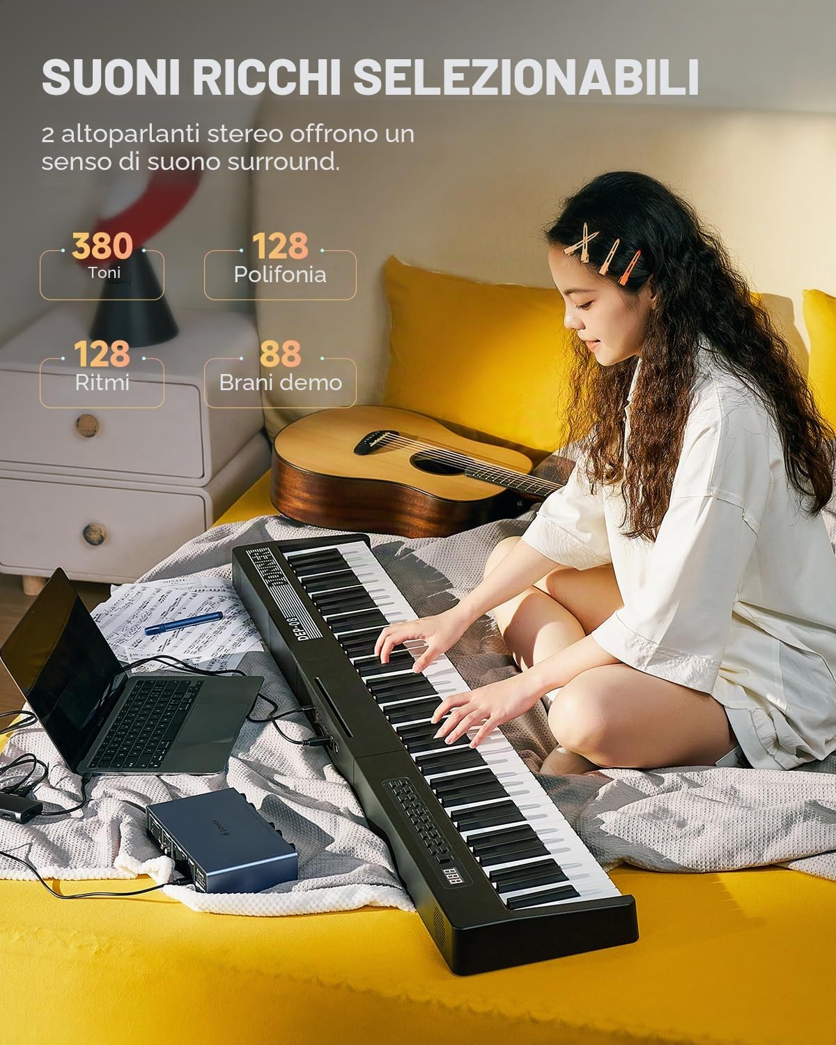 Donner Tastiera digitale per pianoforte a 88 tasti sensibili alla velocità con supporto rimovibile, pianoforte elettrico compatto per principianti con modalità Split, display LED e triplo pedale