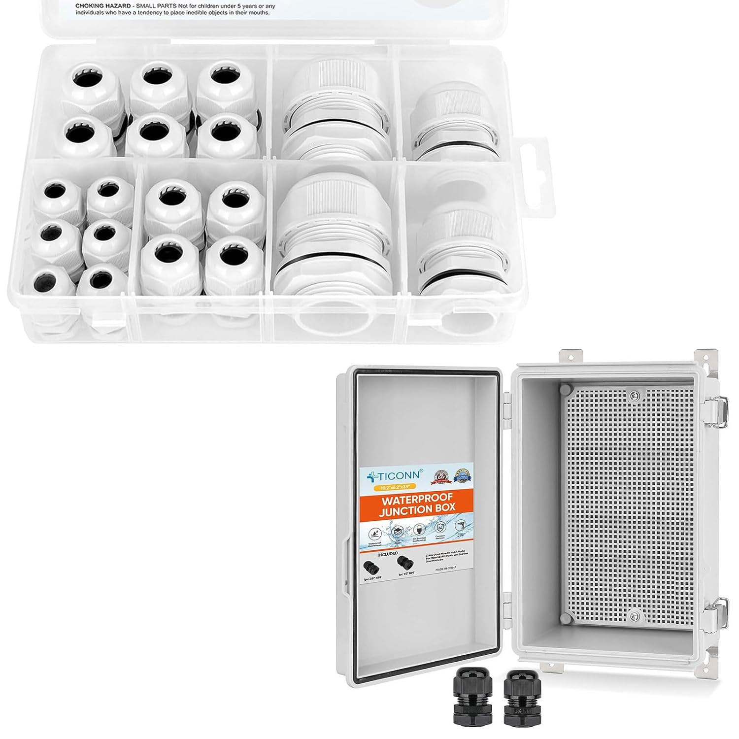 TICONN Waterproof Electrical Junction Box IP67(Off-White, 10.2"x6.3"x3.9")+ 20 Pcs IP68 Waterproof Cable Gland Kit(Grey)