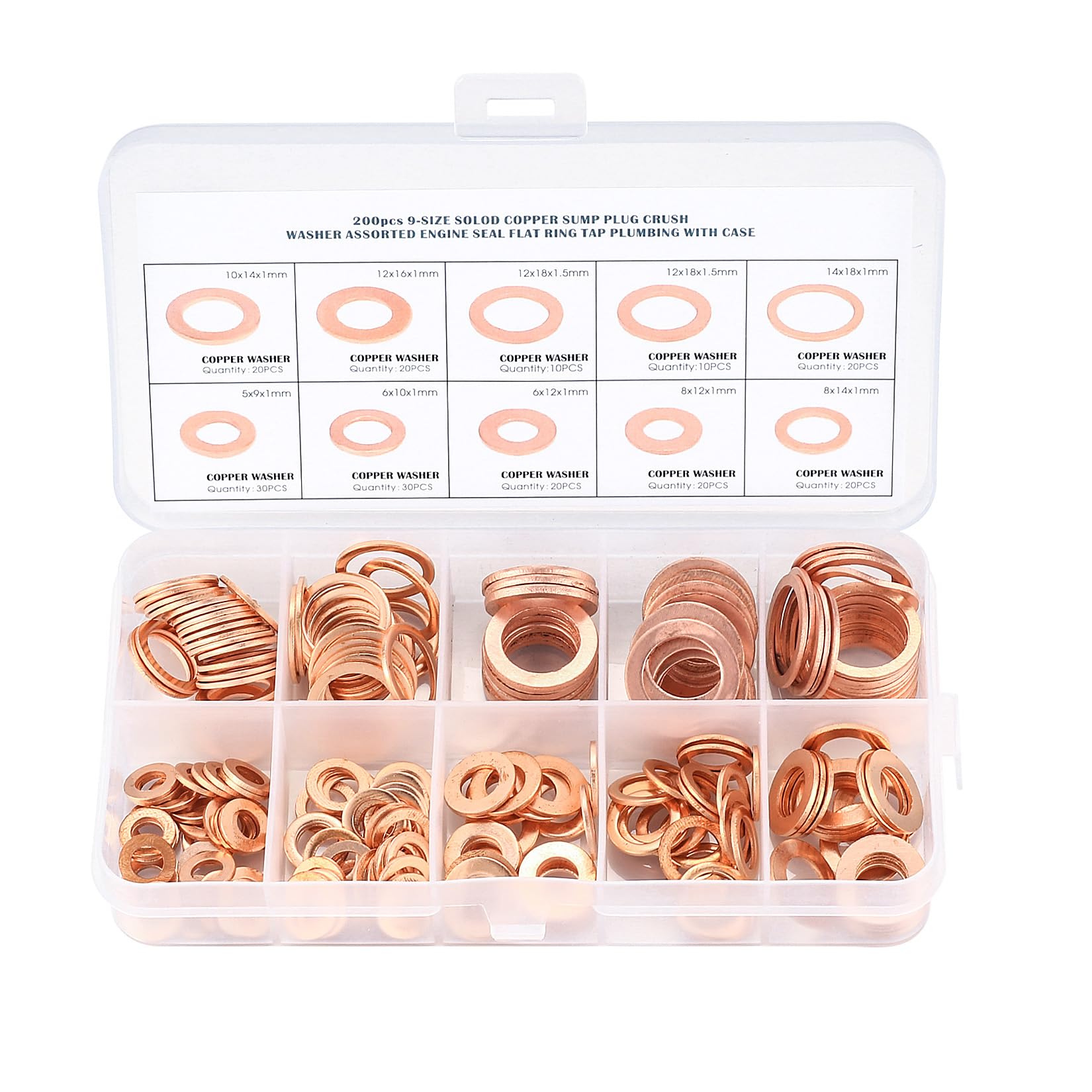 200 Pcs 9 Sizes Copper Flat Washers Assortment Kit,Premium Copper Metric Sealing Crush Washers Assortment Kit,M5/M6/M8/M10/M12/M14