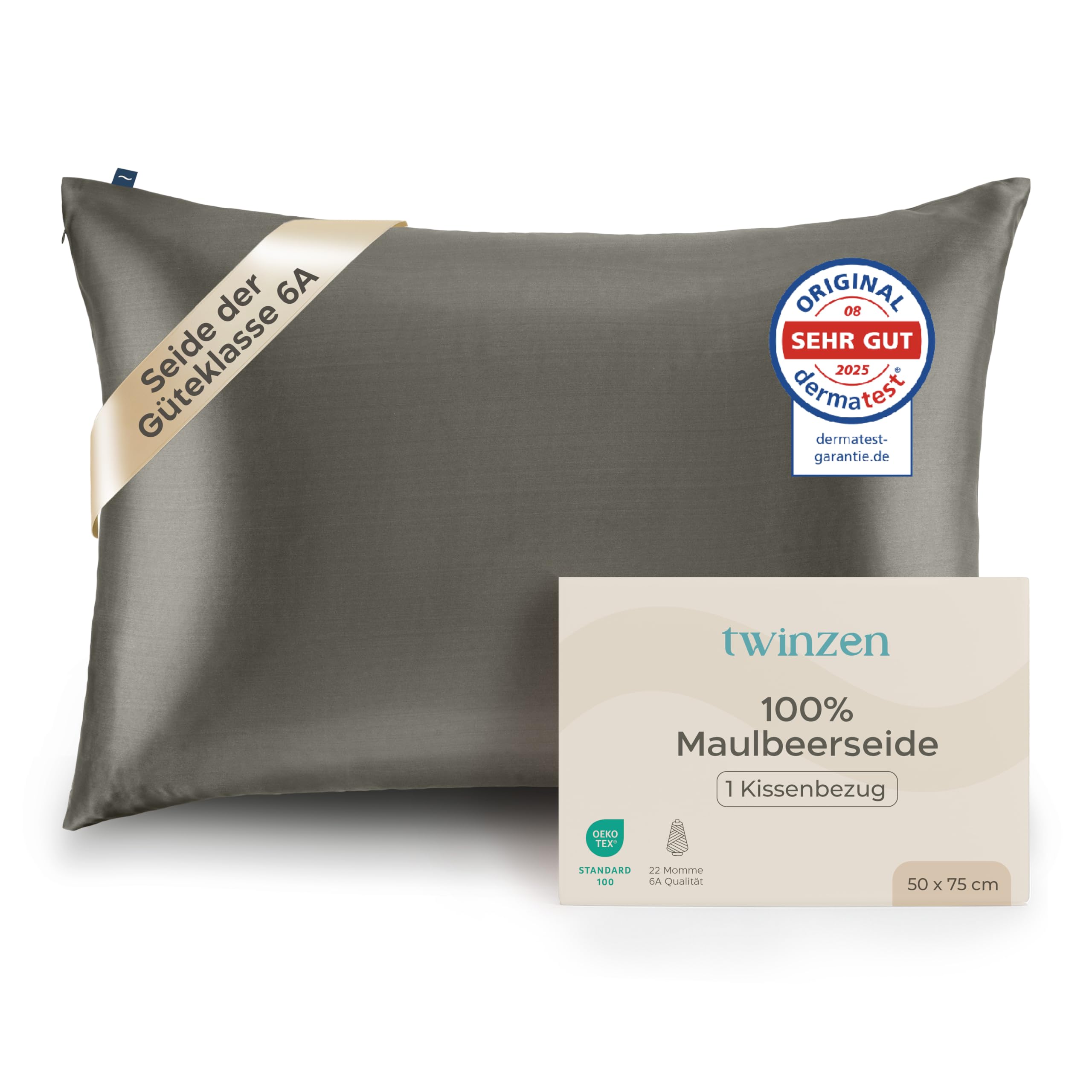 Twinzen Seidenkissenbezug 100% Silk Pillowcase 22 Momme Güteklasse 6A - Oeko-Tex Zert. für Haar und Haut