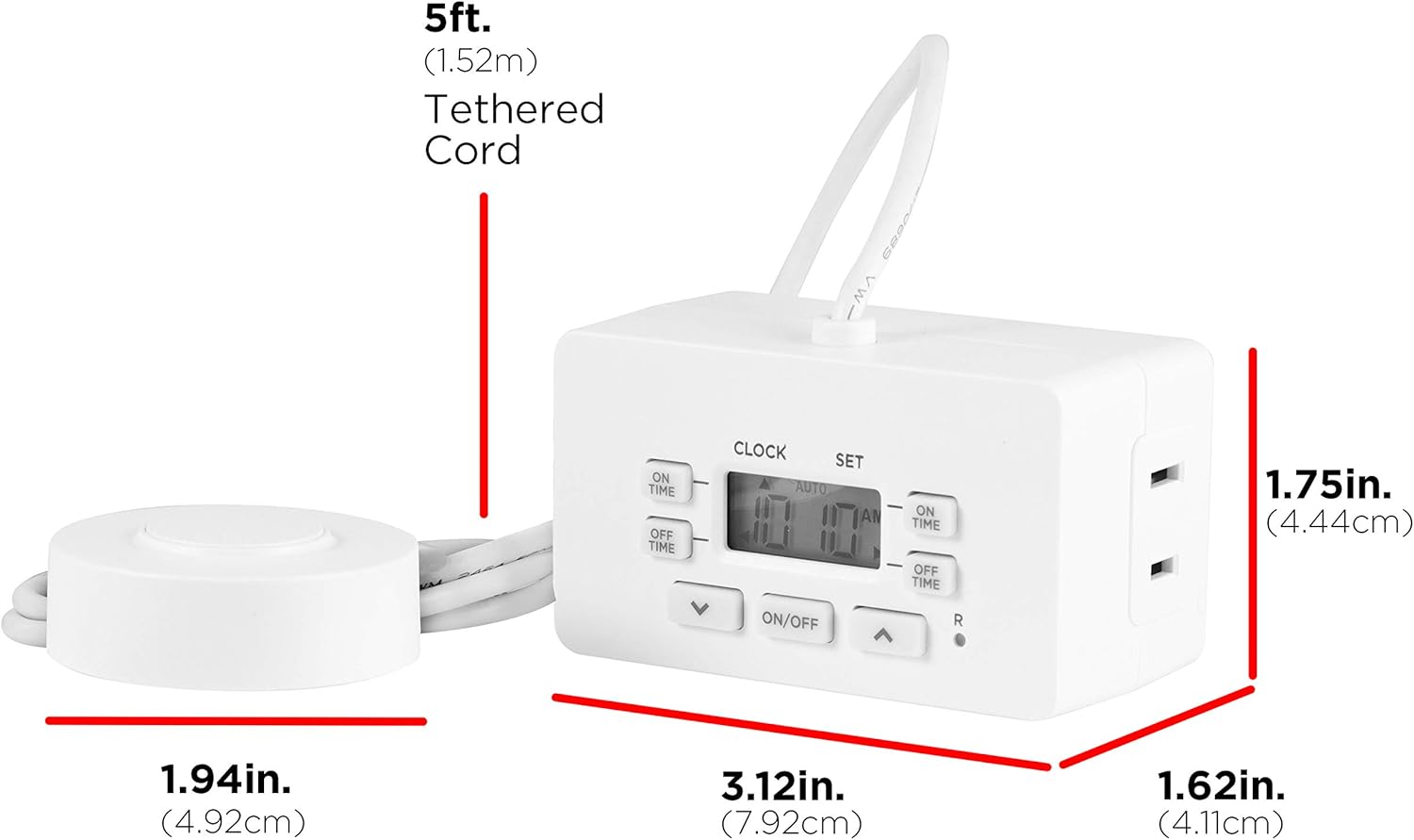 UltraPro Digital Timer with dimensions and 5ft tethered cord shown.