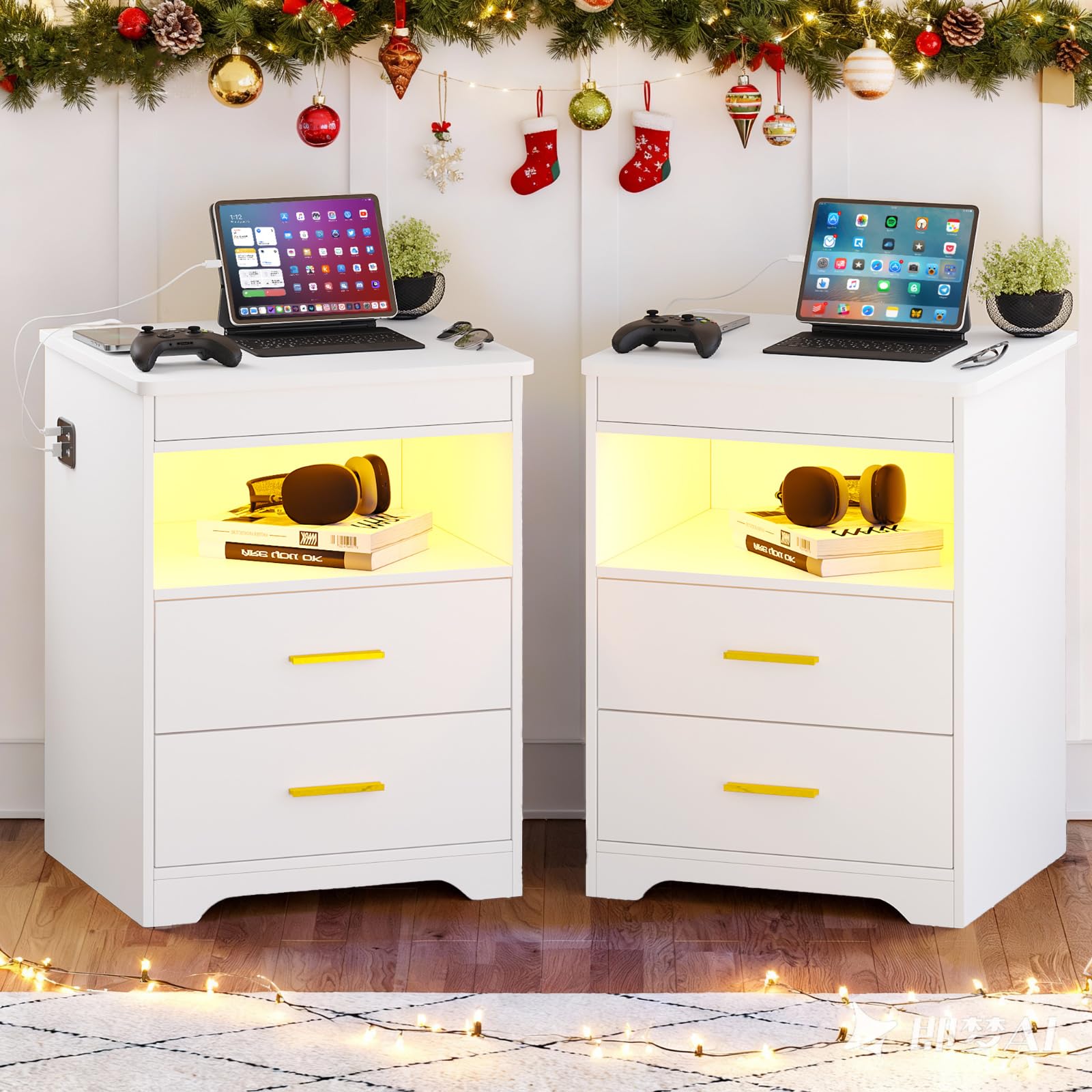 JDPAG Set of 2 Night Stand with Lockable Gun Drawer,Smart Nightstand with Charging Station,LED Bedside Table with 3-Color Human Sensor Light,End Table