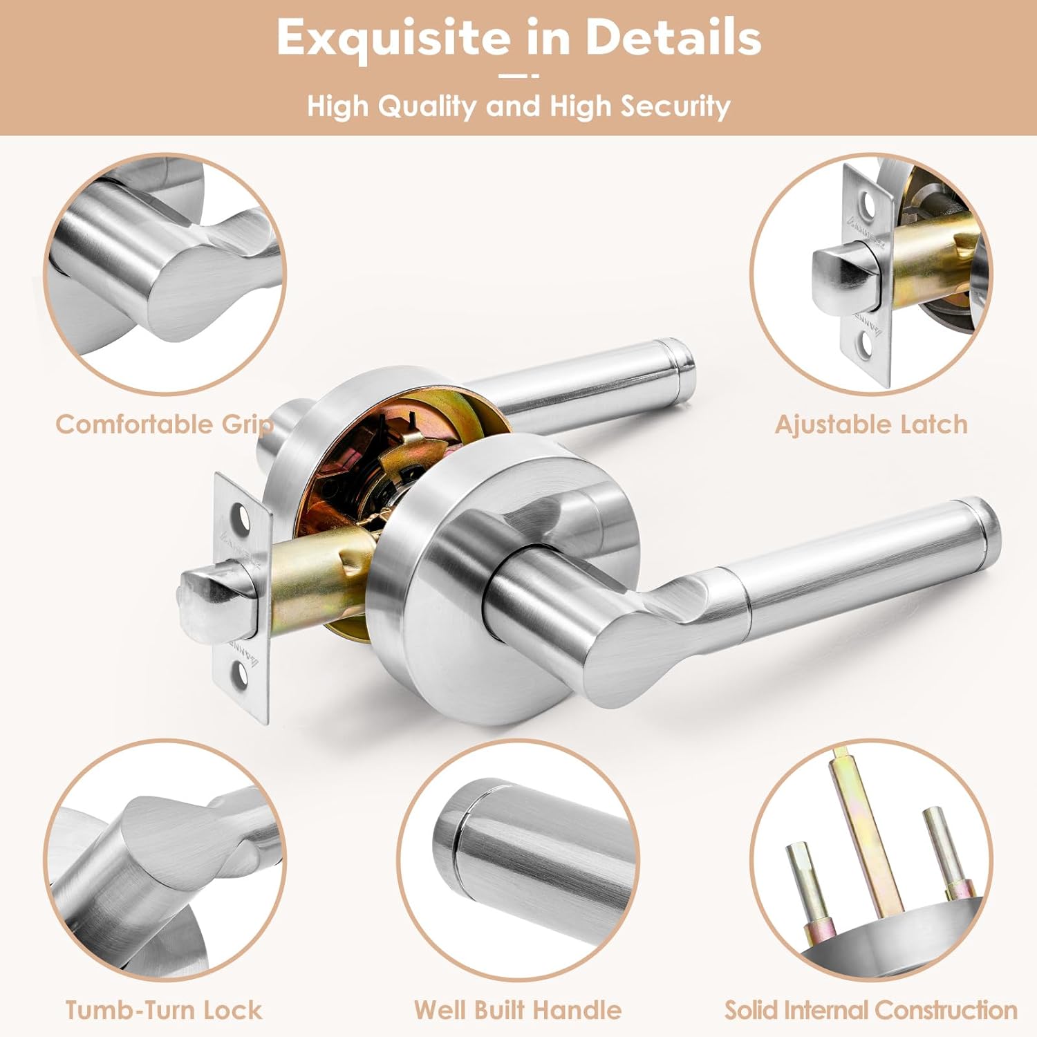 Round Passage Free Rotation Non-Locking Door Handle Lock Without Key,Heavy Duty Interior Keyless Lever for Hallway/Closet,Reversible Left/Right Doorknob,Only Latching Required (Brushed Nickel)