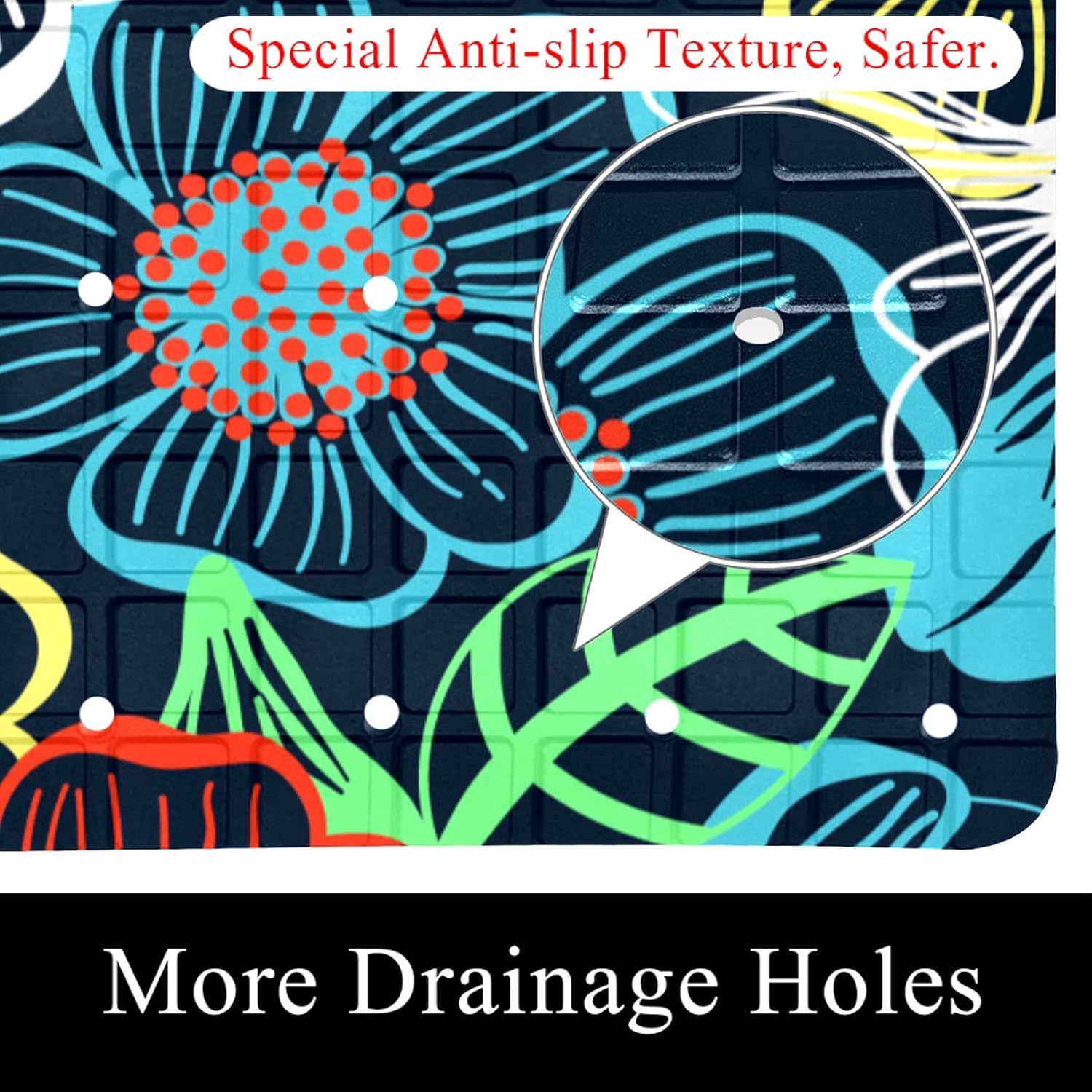 Bath Tub Shower Mat 14.7 x 26.9 inches Bold Colorful Large Floral Flower Pattern Print with Suction Anti Slip Stripes-Strong Grip Suction Cups for Smooth/Non-Textured Tubs, Marble Floors : Home & Kitchen