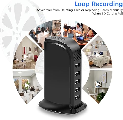 Miniatura 5 de Cámara de seguridad espía oculta WiFi, cargador USB, FHD 1080P inalámbrica para interiores, cámara oculta para el hogar, 5 puertos de carga para