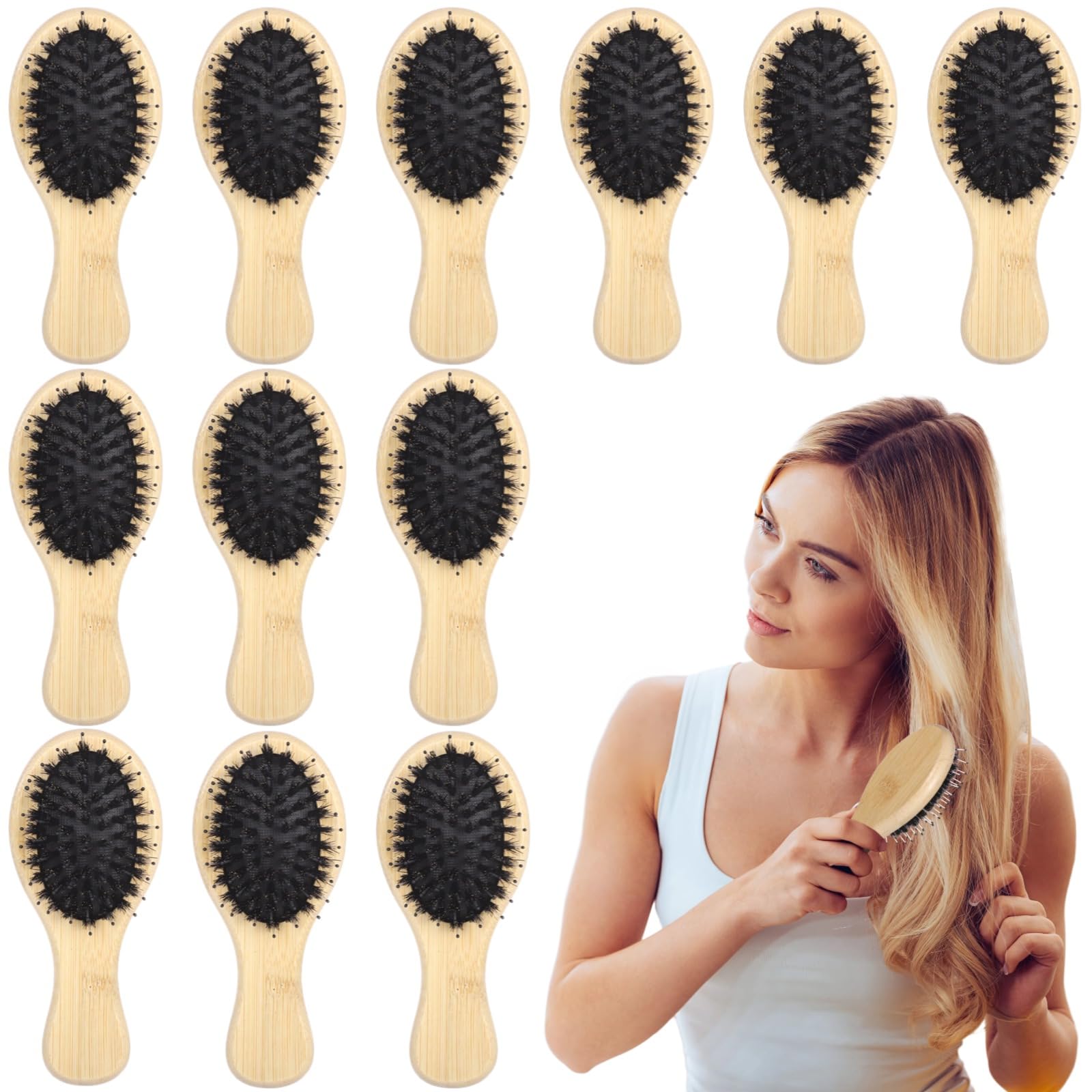 12 mini cepillos de pelo de cerdas de jabalí a granel, cepillos ovalados con mango de madera con cerdas suaves, para peinar detalles, retoques, varios tipos de cabello, venta al por mayor y