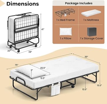 Giantex Twin Folding Bed with 5 Inch Mattress, Rollaway Guest Bed with Top Pillow, Storage Pocket & Metal Frame, Space-Saving Fold up Beds, Portable Roll Away Beds for Adults, 75 x 39