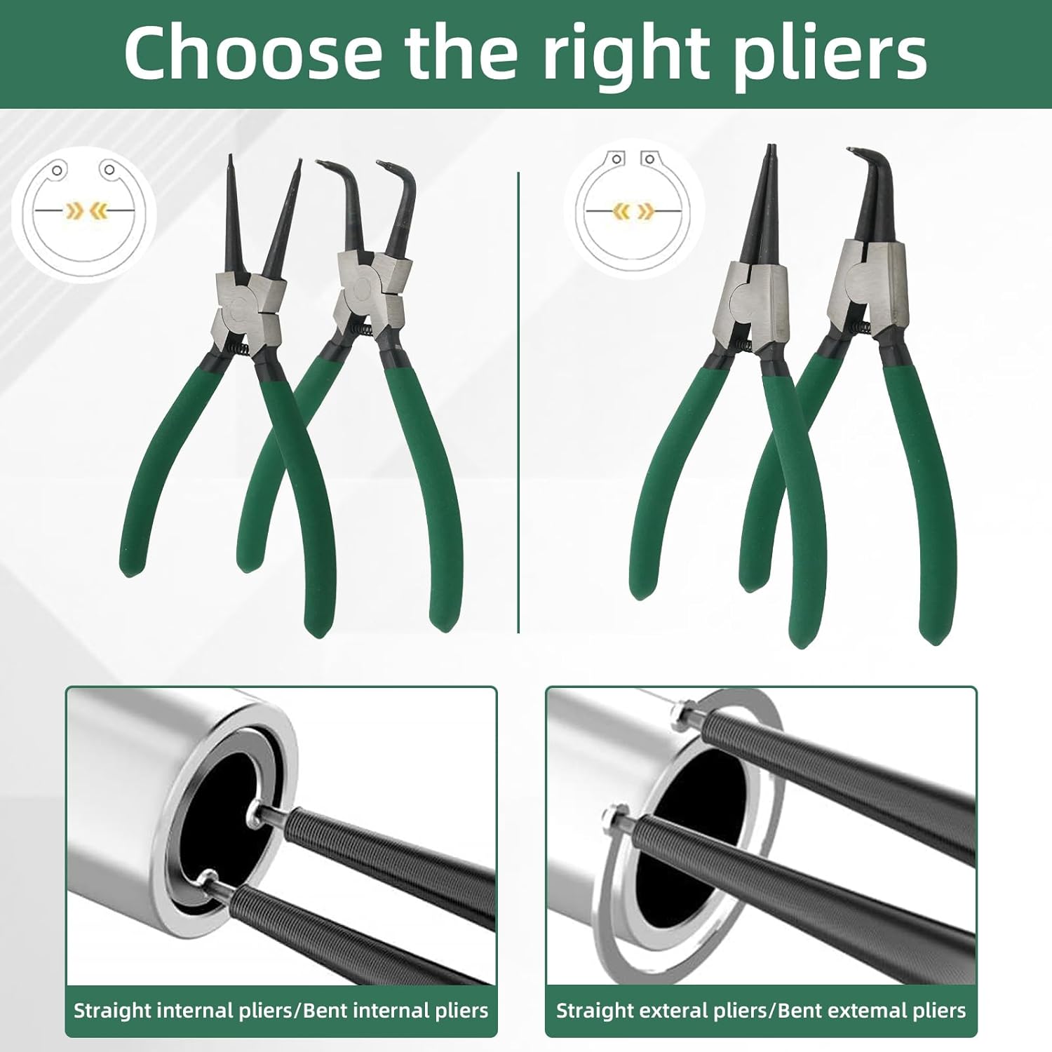 7" Snap Ring Pliers Set, 4Pcs Internal/External Circlip Pliers with Straight/Bent Jaw, Heavy Duty Spring Loaded Circlip Pliers for Ring Remover Retaining and Remove Hoses, Gasket