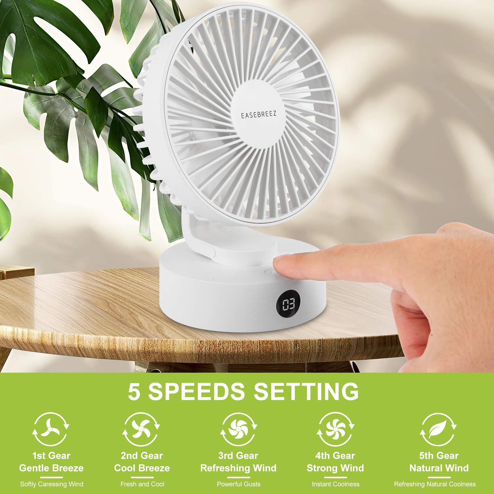 Ventilatore da tavolo, ventola piccola Funzionamento silenzioso, ventola USB leggera, ricarica tramite porta USB, display a LED, 5 impostazioni di velocità, inclinazione regolabile, bianco