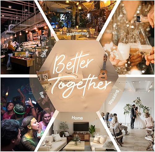 Miniatura 5 de Divatla Letrero de pared de neón blanco cálido con texto en inglés "Better Togethers" para decoración de boda, fondo de 16 x 9 pulgadas y 23 x 9