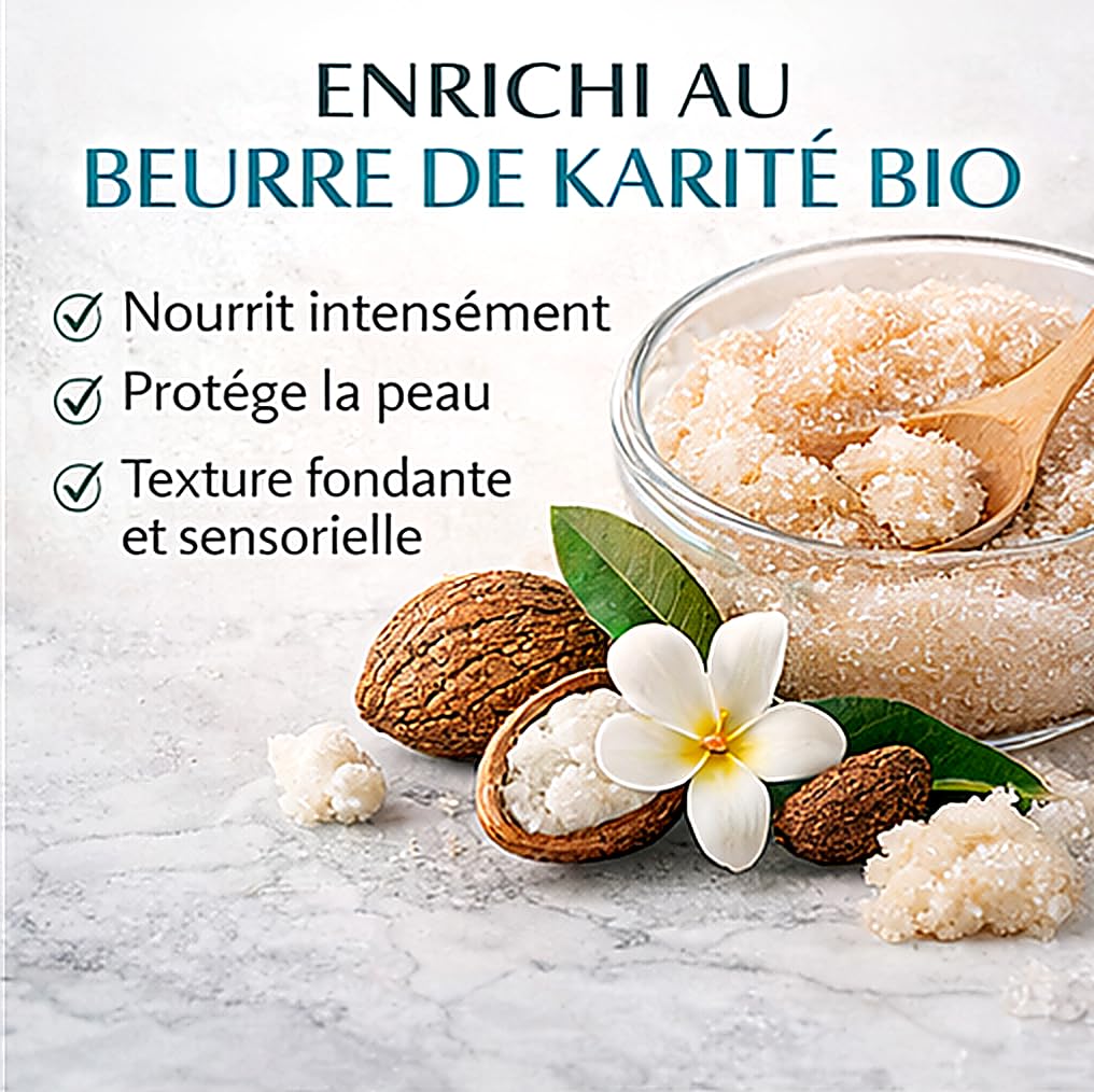 Sucre de Gommage Visage et Corps 600g deliktess®– Exfoliant au Sucre Naturel & Beurre de Karité Bio – Body Scrub Hydratant Spa – 18 Parfums au choix (Monoï)