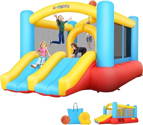 Miniatura 1 de AKEYDIY Castillo inflable para interiores y exteriores con soplador, castillo de salto con doble tobogán, castillo inflable duradero para patio