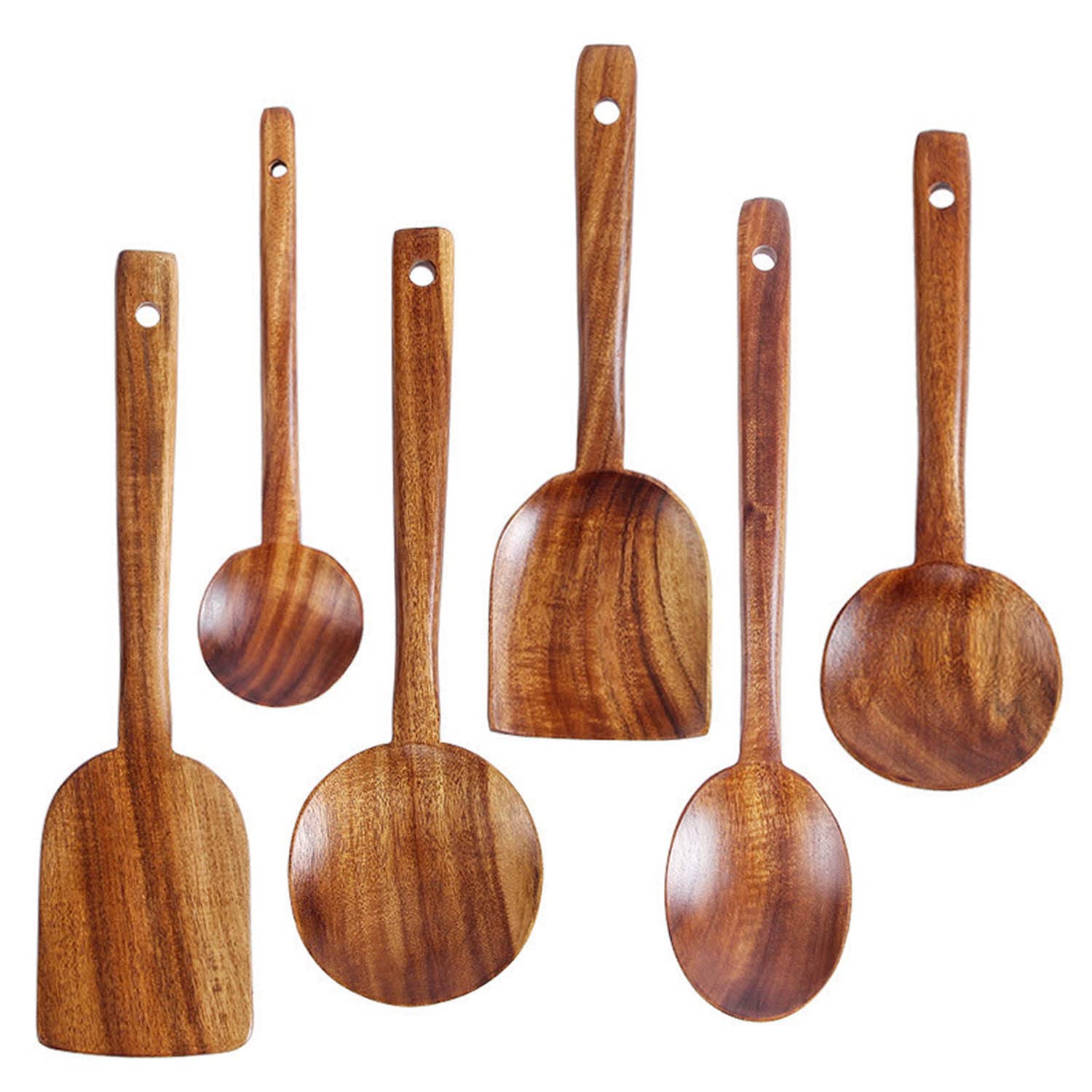 Cuchara de Café de Teca Natural Cuchara Agitadora de Mango Largo Espátula de Cocina Juegos de Utensilios de Cocina de Madera Ecológicos Antiadherentes, Paquete de 6
