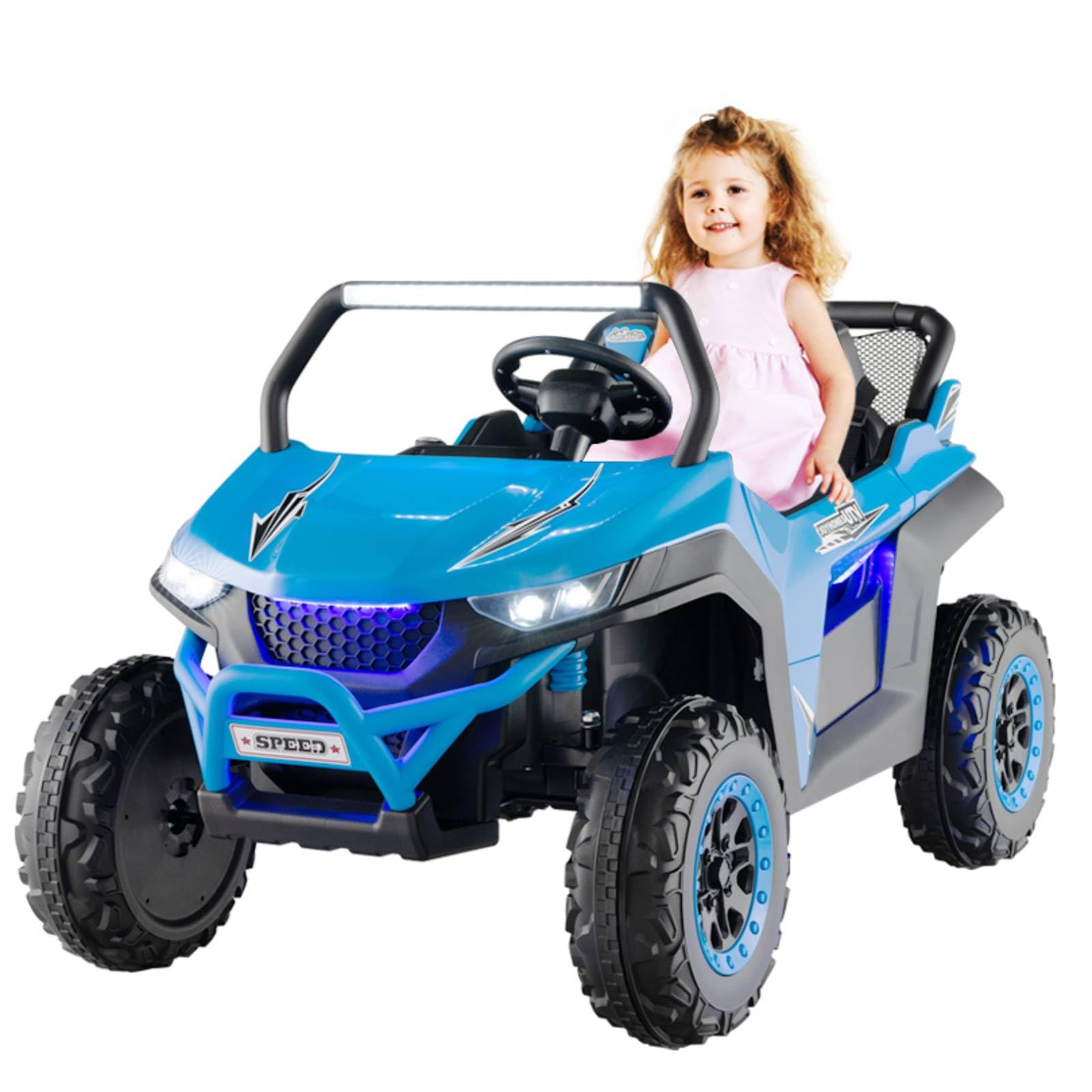 Maxmass Kids Electric Ride on UTV, 12V Battery Powered Vehicle with Remote Control, LED Lights, Bluetooth, Music and MP3/USB/FM, 2-Seater Suspension Spring Toy Car for Boys Girls (Blue)