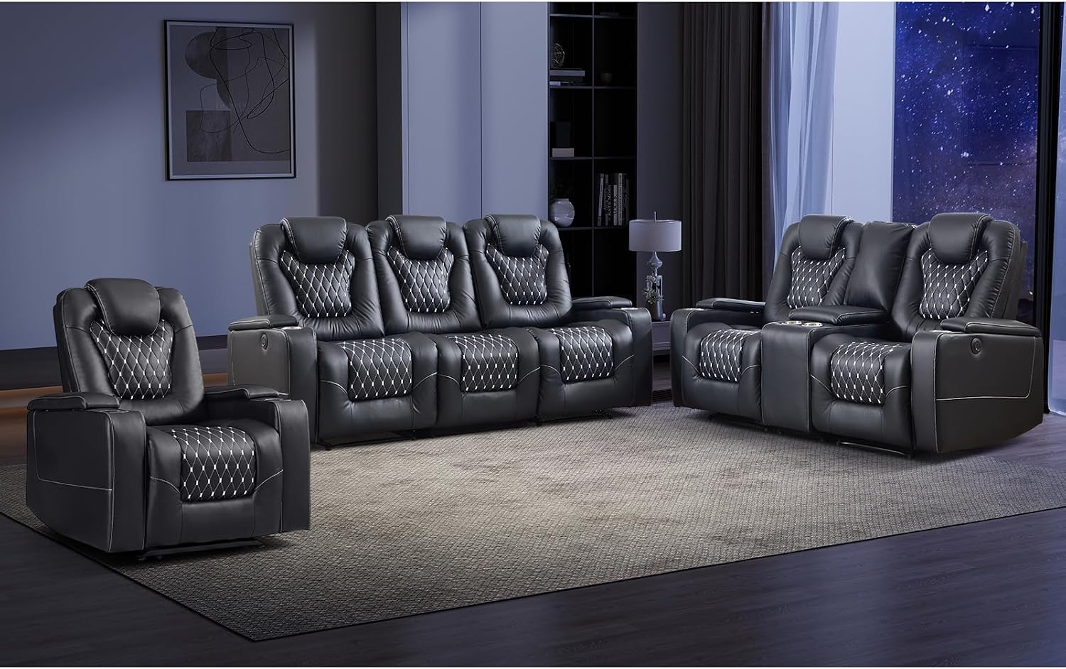 EBELLO Power Faux Leather Reclining Couch with Cup Holder and USB Port, Living Room Furniture Set, Electric Recliner Sofa for Home Theater Seat (Loveseat and 3 Seat Sofa Set, Black)