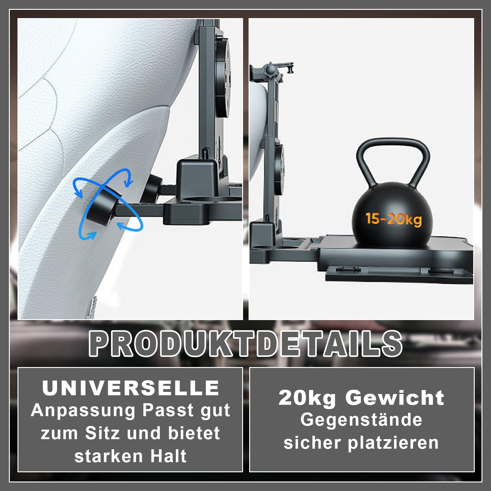 Autotisch Rücksitz Klappbar mit Getränkehalter und Handyhalter, Belastbar bis 20 kg