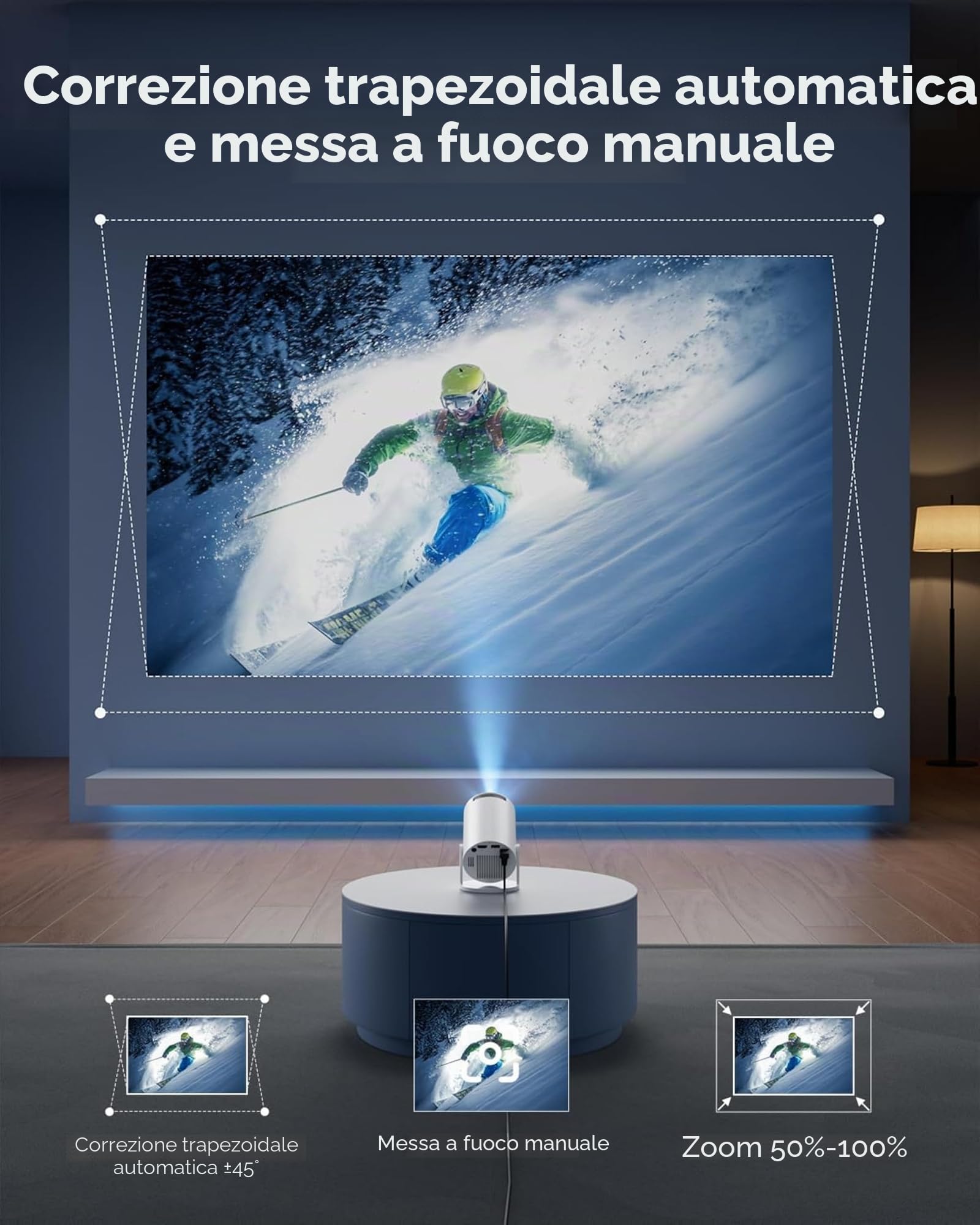 Maxora Mini Proiettore Supporta 4K 1080P, Proiettore Portatile WiFi 6 Bluetooth 5.4, Keystone Automatico, Rotazione 180°, Bianco, HDMI/TV Stick/Memory Stick/Laptop
