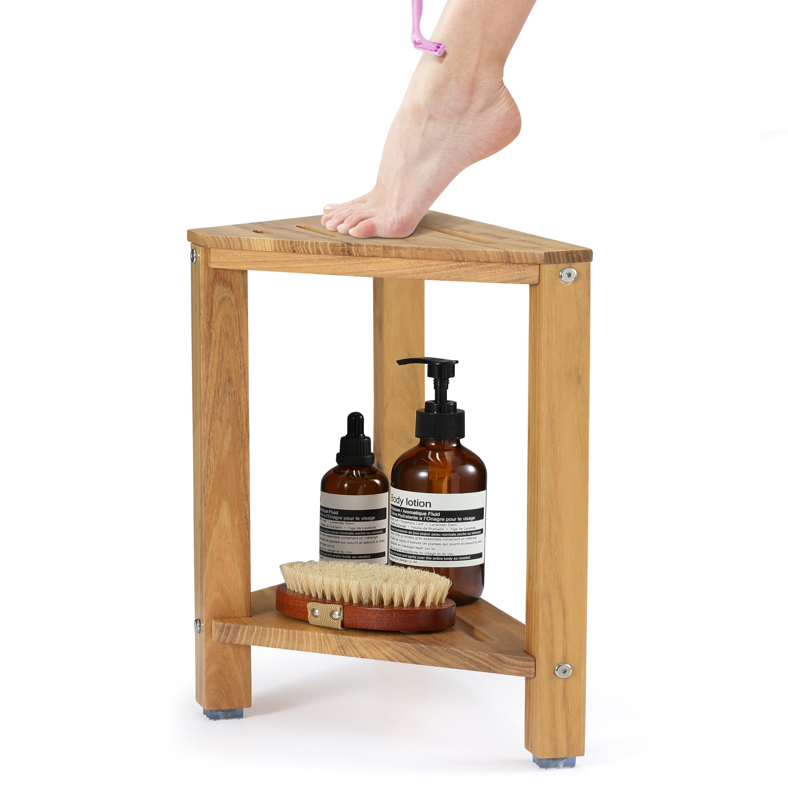 PERFNIQUE Sgabello da doccia in teak, sgabello da doccia da 35 cm, per gambe da barba, poggiapiedi per doccia interna, sgabello organizer in teak, piccola panca angolare impermeabile per bagno e