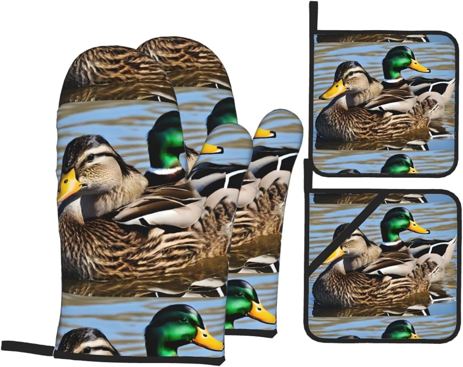 (Mallard Duck) Baking 4-Piece Set: 2 Oven Mitts and 2 Pot Holders Heat Resistant Waterproof Hanging Loop for Kitchen Oven Grill Housewarming Gifts