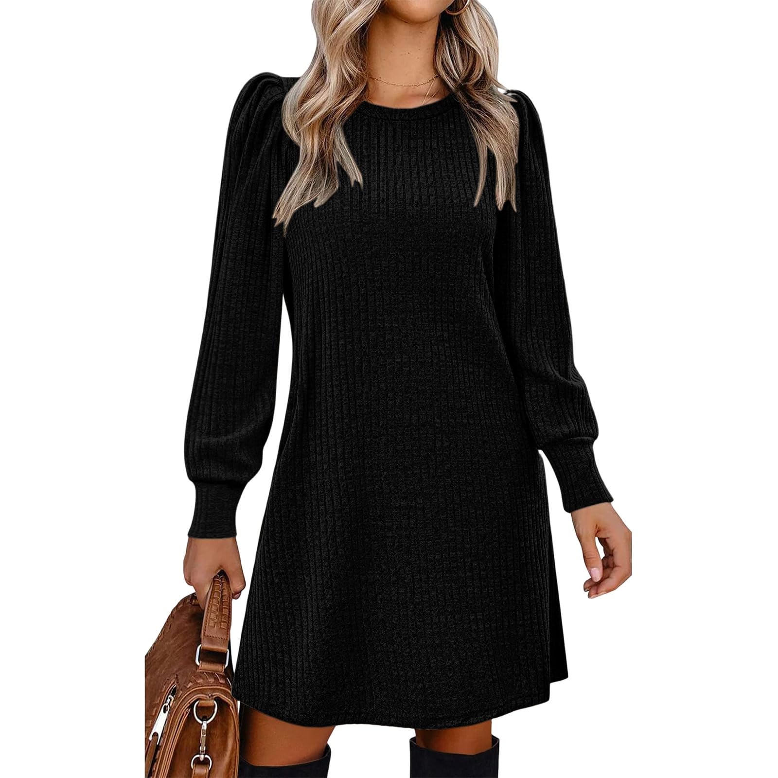 Womens Knit Dress with Puff Sleeves for Fall Winter Round Neck Business Casual Tunic Dress Wedding Guest Dresses