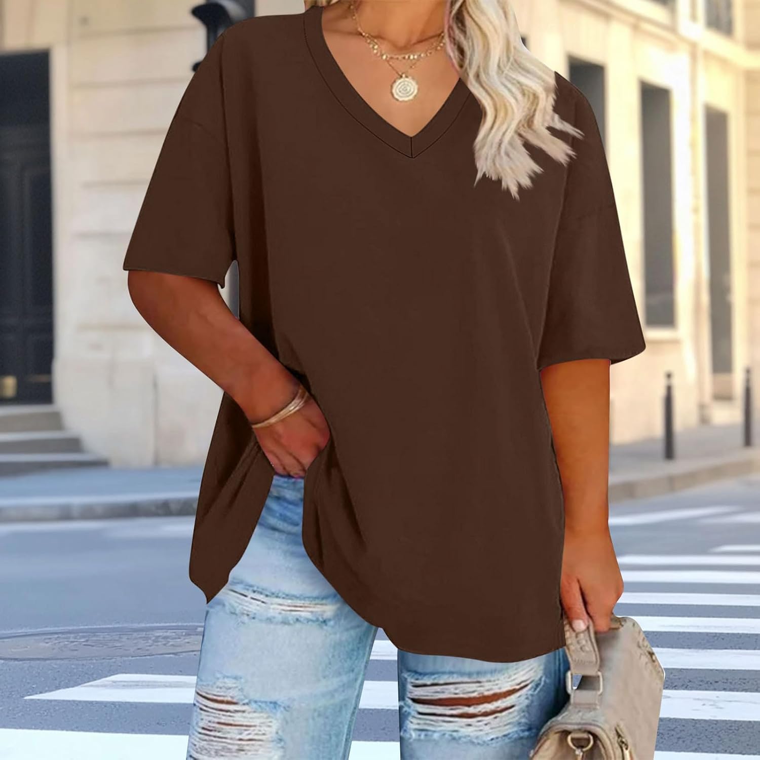 Plus Size Oversized T Shirts Women Trendy V Neck Short Sleeve Drop Shoulder Tshirt Casual Summer Tunic Tops