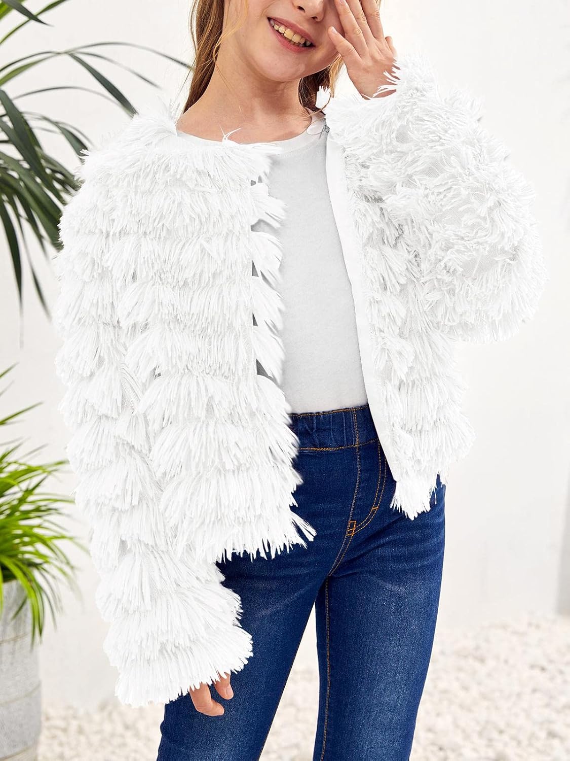 Inorin Girls Open Front Cardigan Faux Fur Coat Warm Fuzzy Trendy Winter Vintage Parka Shaggy Party Outerwear Jackets Tops