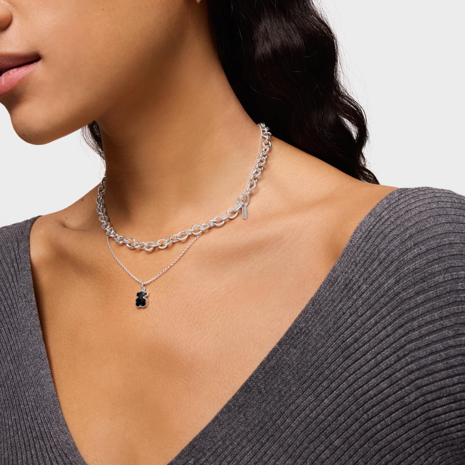TOUS Collar Corto para Mujer de Plata de Primera Ley y Motivo Oso En Ónix, Colección Icon Color