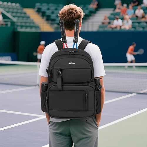 Miniatura 6 de ANILD Bolsa de tenis multideportiva para 2 raquetas con compartimento ventilado para zapatos para hombres y mujeres, Negro, Grande, Bolsa de tenis