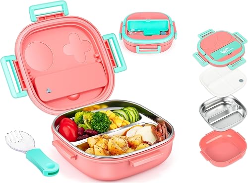 Pequeña mini caja Bento o caja de aperitivos con 2 compartimentos extraíbles de acero inoxidable y cubiertos para bebé de 0 a 24 meses, a prueba de