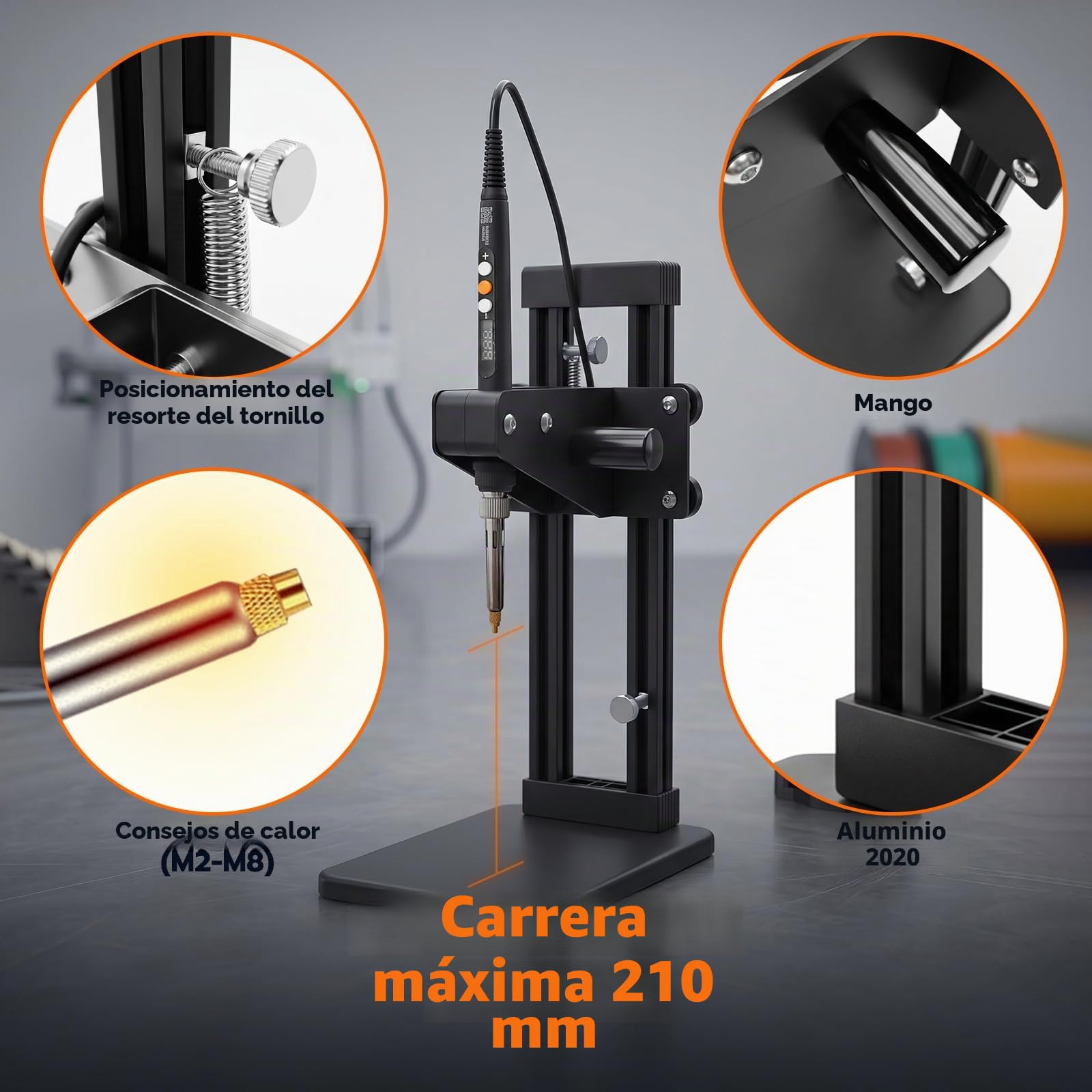 Prensa vertical de herramientas de inserción de calor para piezas de plástico y componentes de impresión 3D | Altura de inserción: 210 mm, con 380 insertos roscados y puntas de juego de calor M2-M8