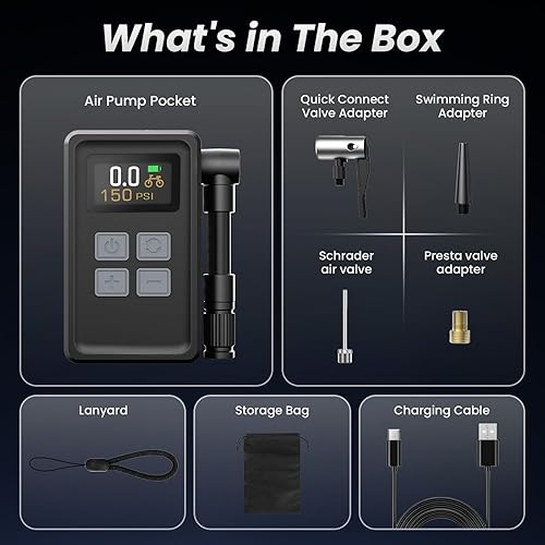 Miniatura 9 de Mini bomba de bicicleta con manómetro, bomba eléctrica de bicicleta máxima de 150 PSI con válvula Presta y Schrader, 4 veces más rápida, parada