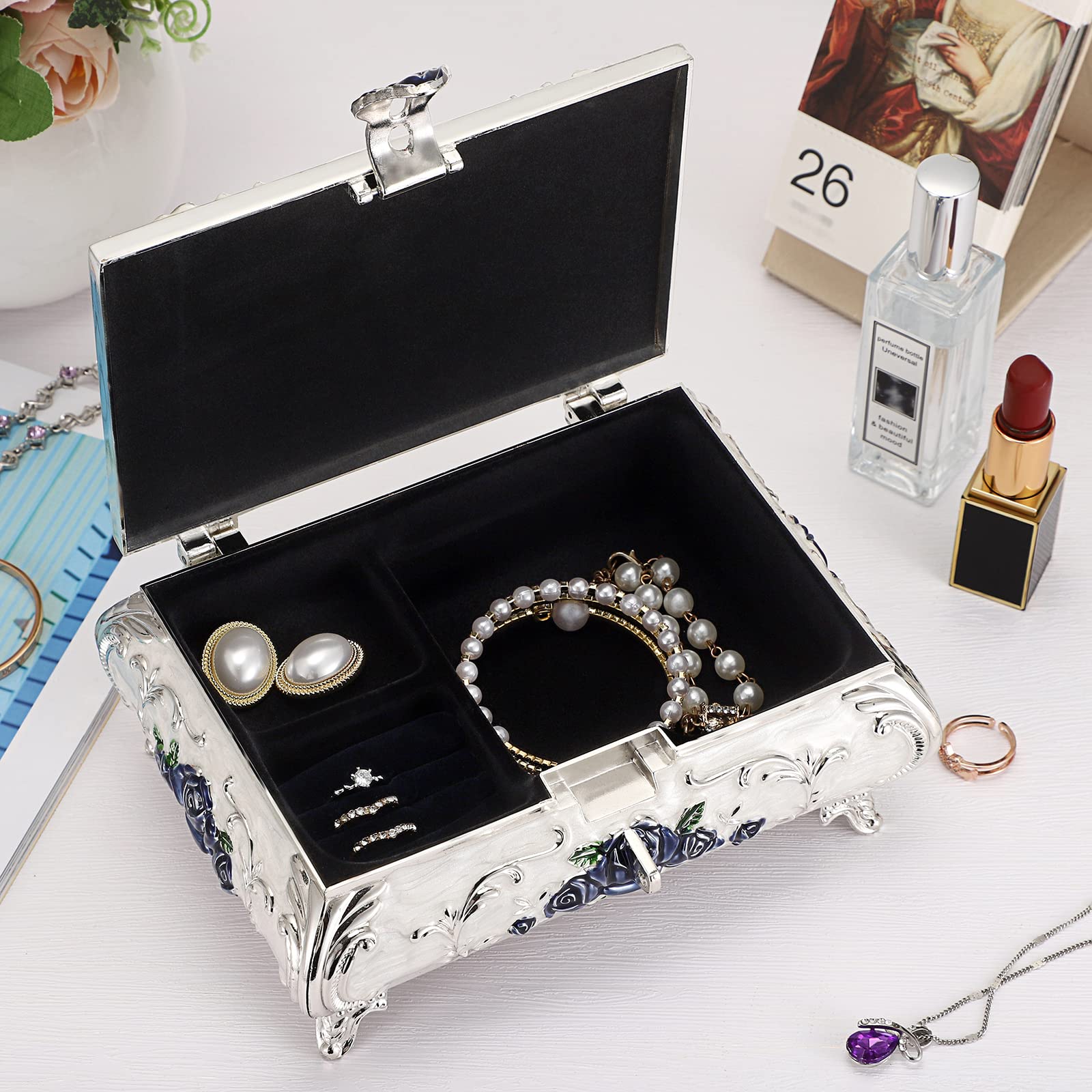 Joyero decorativo de metal, caja de tesoro vintage, organizador de joyas, aretes, collar, pulsera, caja de almacenamiento, soporte para anillos, caja de recuerdo para mujeres 3