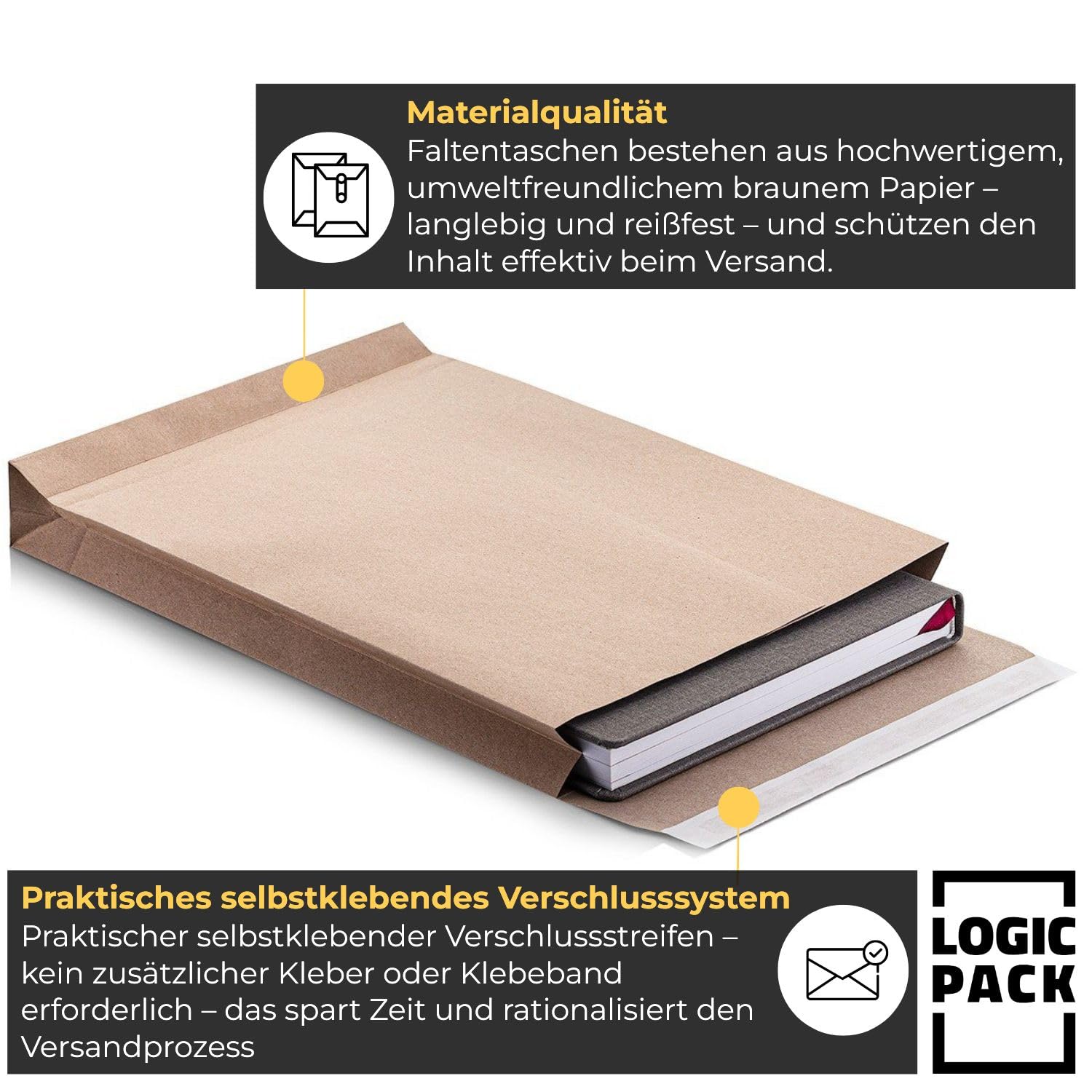 100 Faltentaschen 4cm Falte ohne Fenster Versandtaschen E4 280 x 400 x 40 mm braune Faltumschläge haftklebend mit Abziehstreifen
