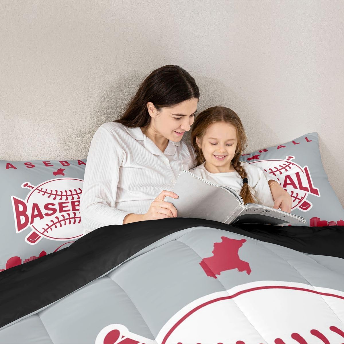 Erosebridal Kids Baseball Quilt for Queen Bed, Baseball City Comforter Set Sports Ball Games Bedding Set for Boys Teens Adult, City Building Silhouette Bedding Comforter Sets, Red Grey