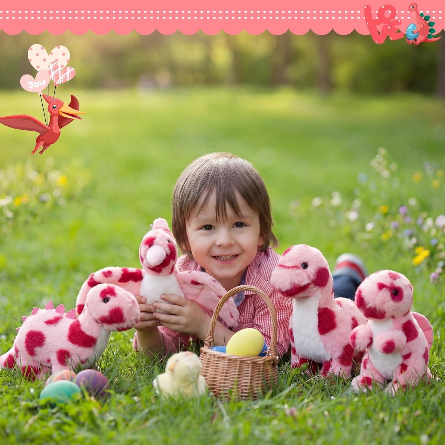 4 Pcs Valentines Gifts for Kids Pink Dinosaur Stuffed Animals Holding Heart 10 Inch Cute Soft Dinosaur Plushies Valentine's Day Party Gifts for Girls Girlfriend Families Birthday Anniversary